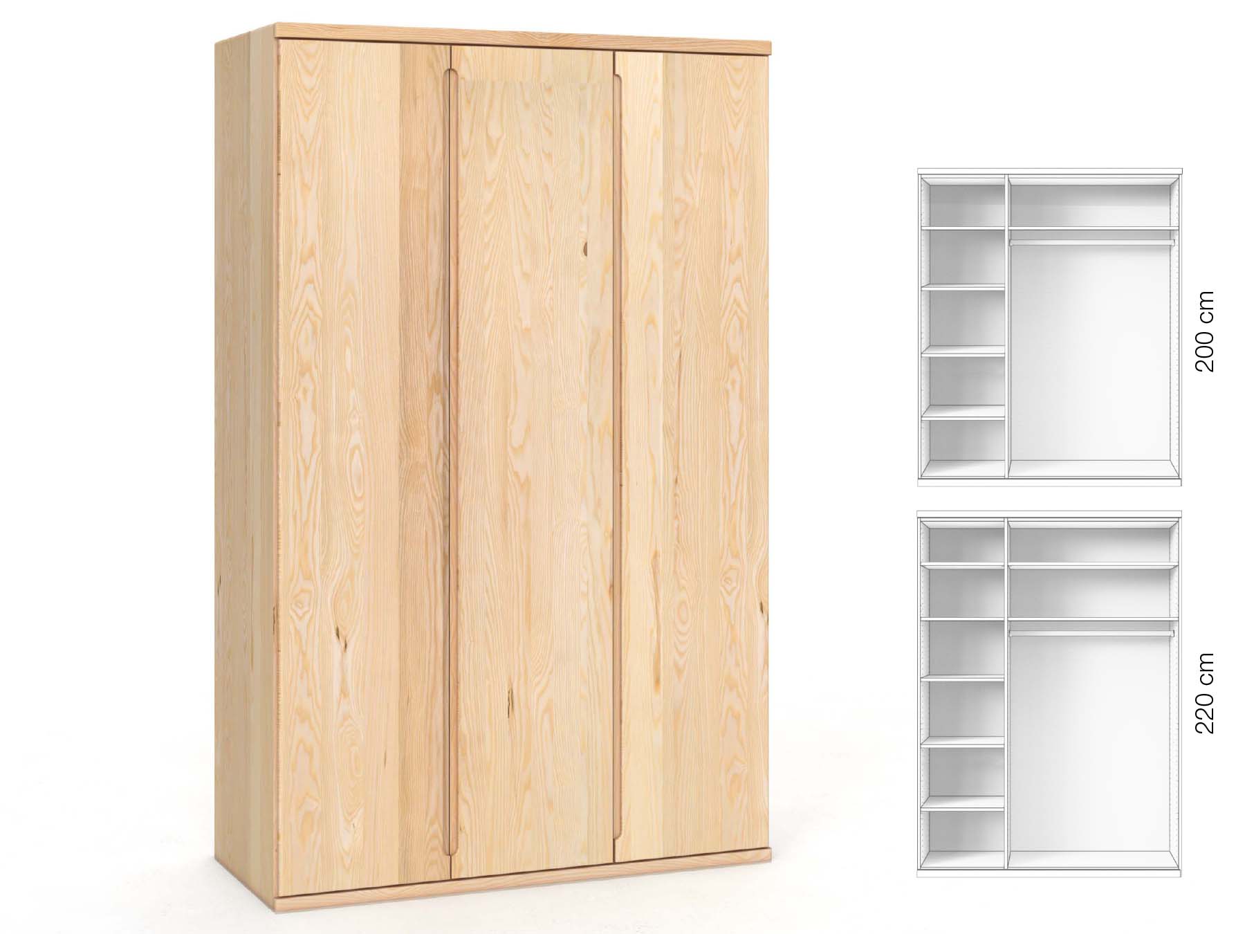 Eschenschrank „Valentin“, 3-türig, Höhe 220 cm, Griffausführung „Lukas“, Inneneinrichtung: B