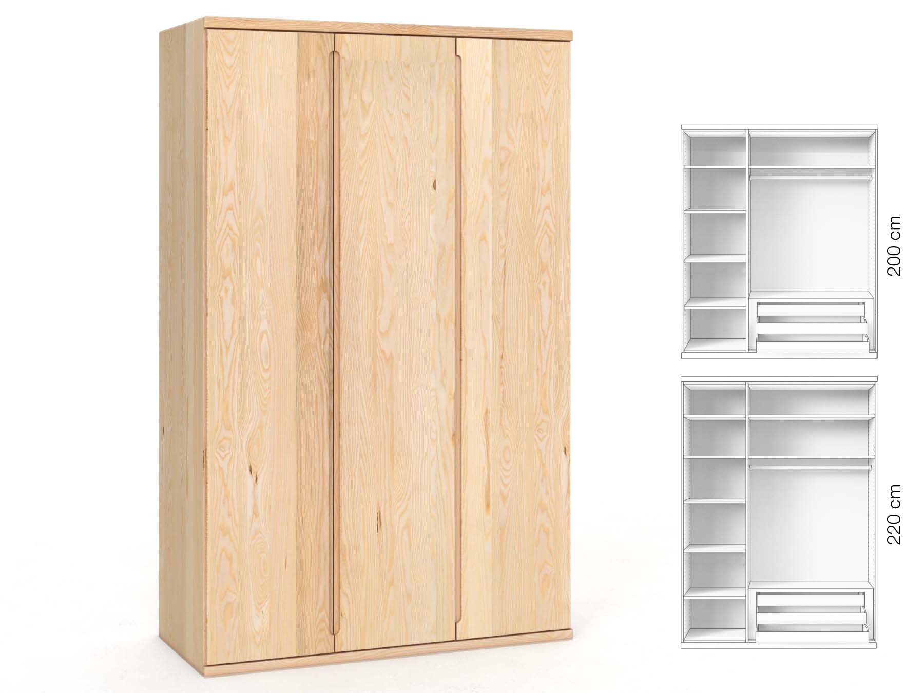 Eschenschrank „Valentin“, 3-türig, Höhe 220 cm, Griffausführung „Lukas“, Inneneinrichtung: C