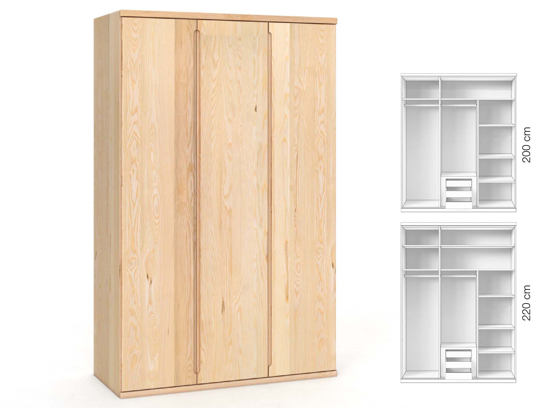 Eschenschrank „Valentin“, 3-türig, Höhe 220 cm, Griffausführung „Lukas“, Inneneinrichtung: D