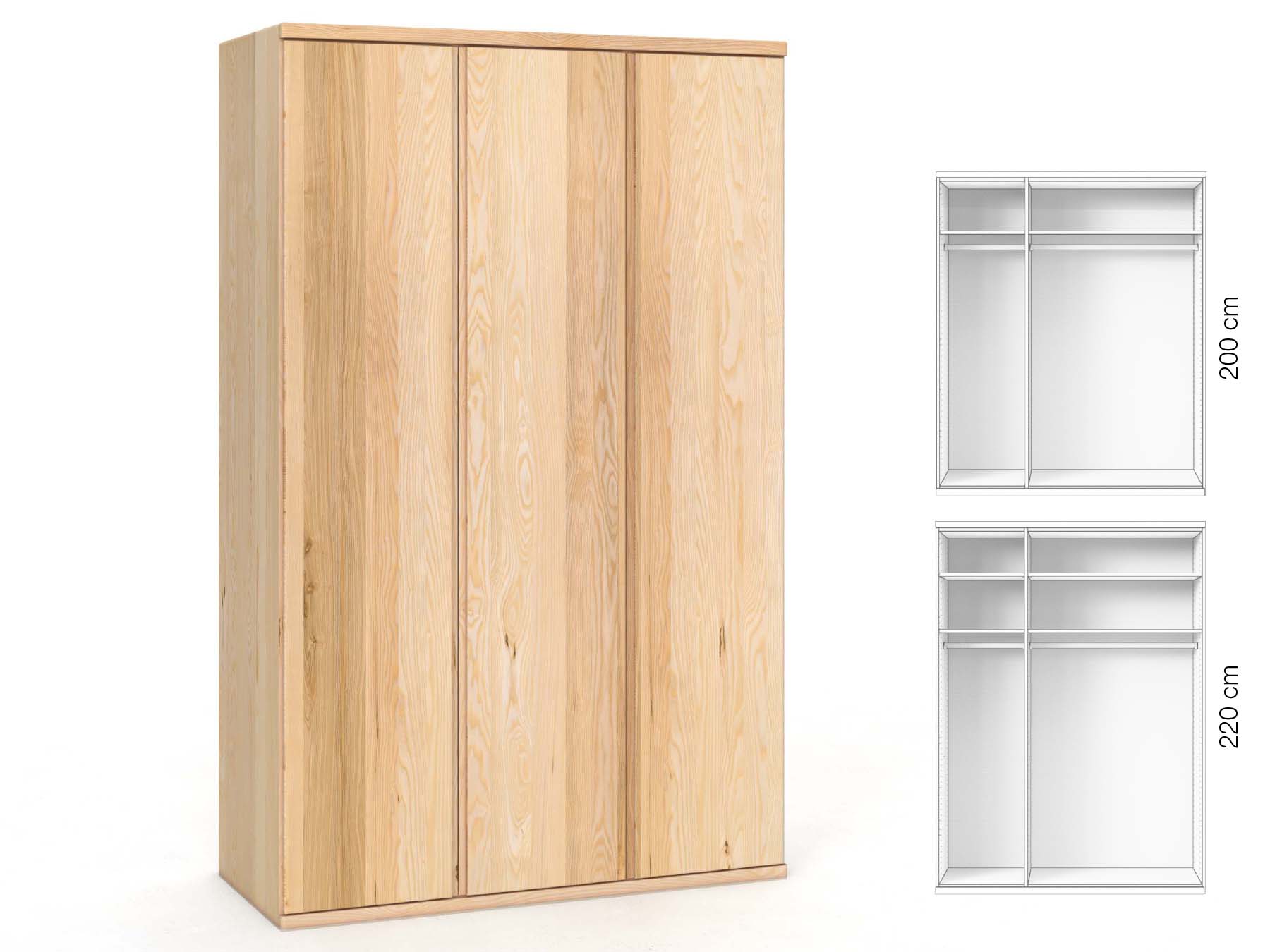 Eschenschrank „Valentin“, 3-türig, Höhe 220 cm, Griffausführung „Patrizia“, Inneneinrichtung: A