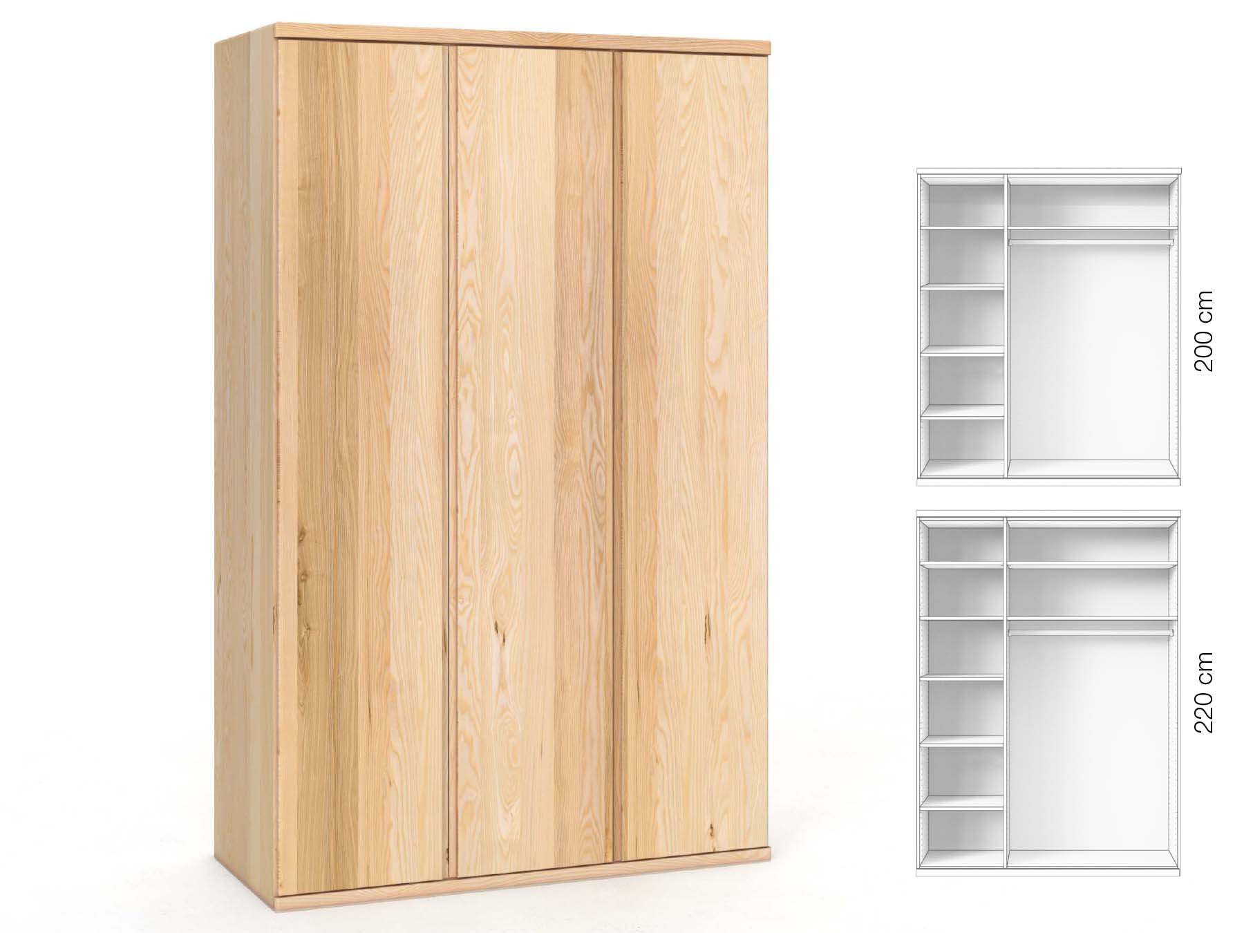 Eschenschrank „Valentin“, 3-türig, Höhe 220 cm, Griffausführung „Patrizia“, Inneneinrichtung: B