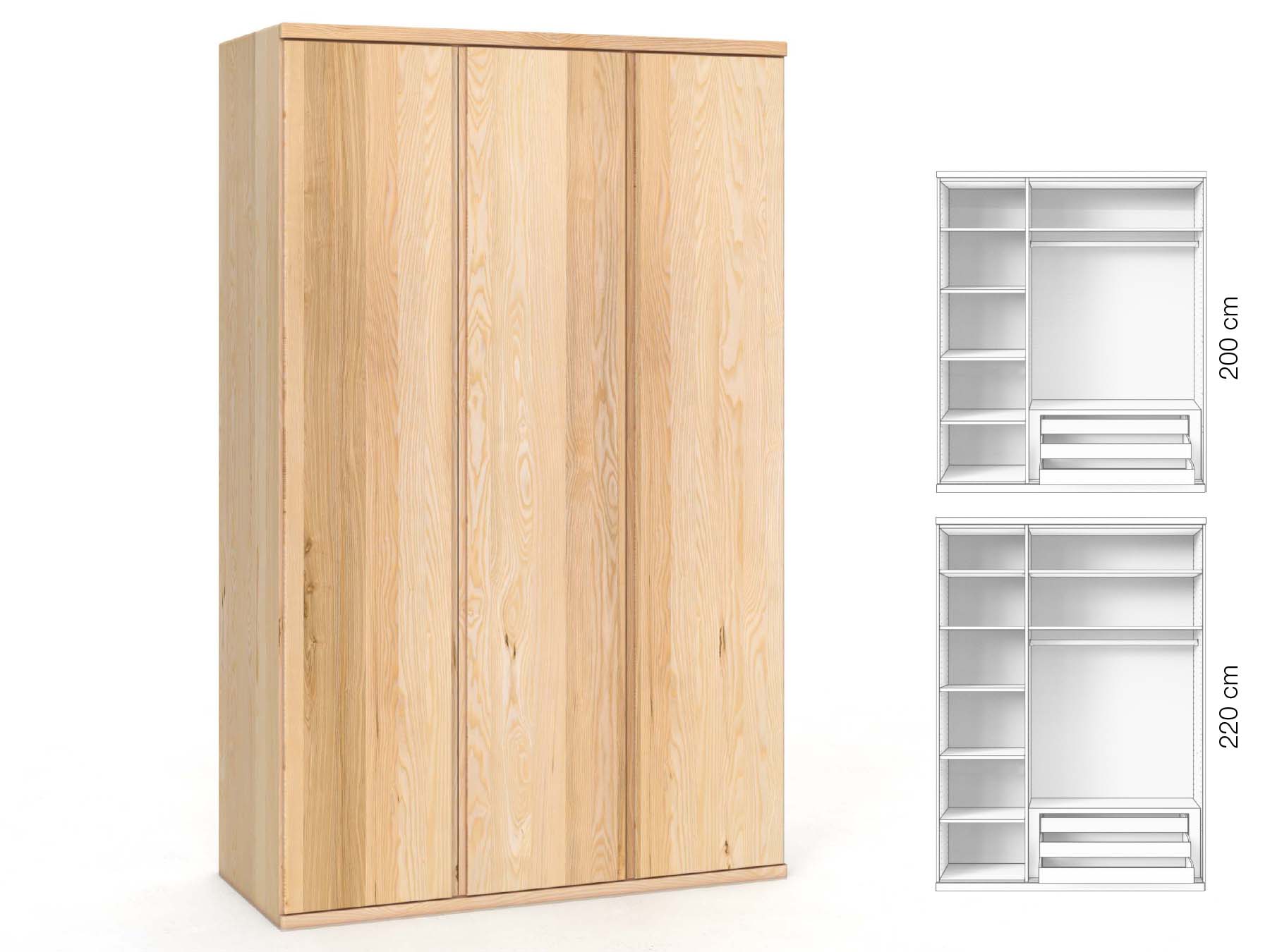 Eschenschrank „Valentin“, 3-türig, Höhe 220 cm, Griffausführung „Patrizia“, Inneneinrichtung: C