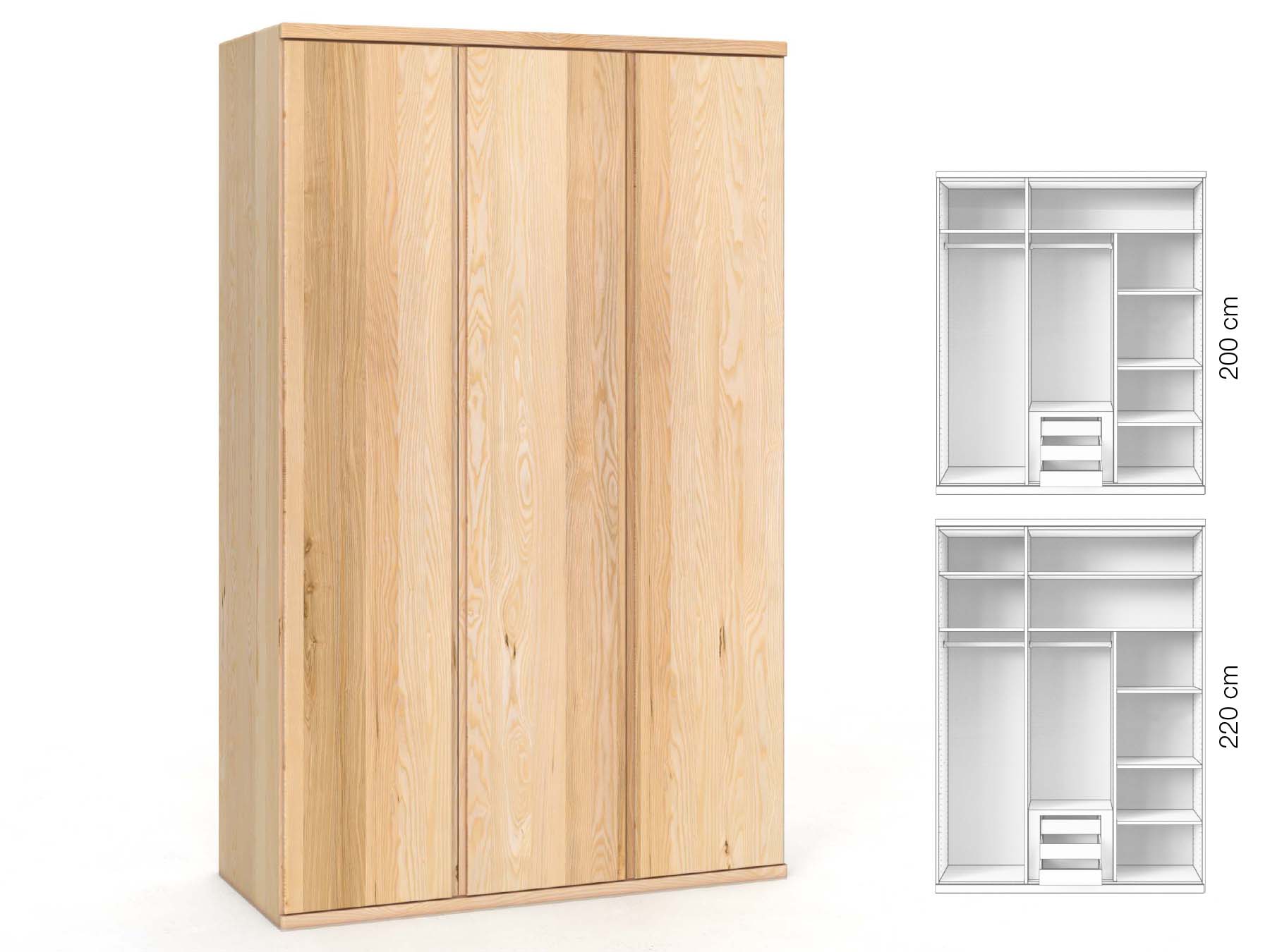 Eschenschrank „Valentin“, 3-türig, Höhe 220 cm, Griffausführung „Patrizia“, Inneneinrichtung: D