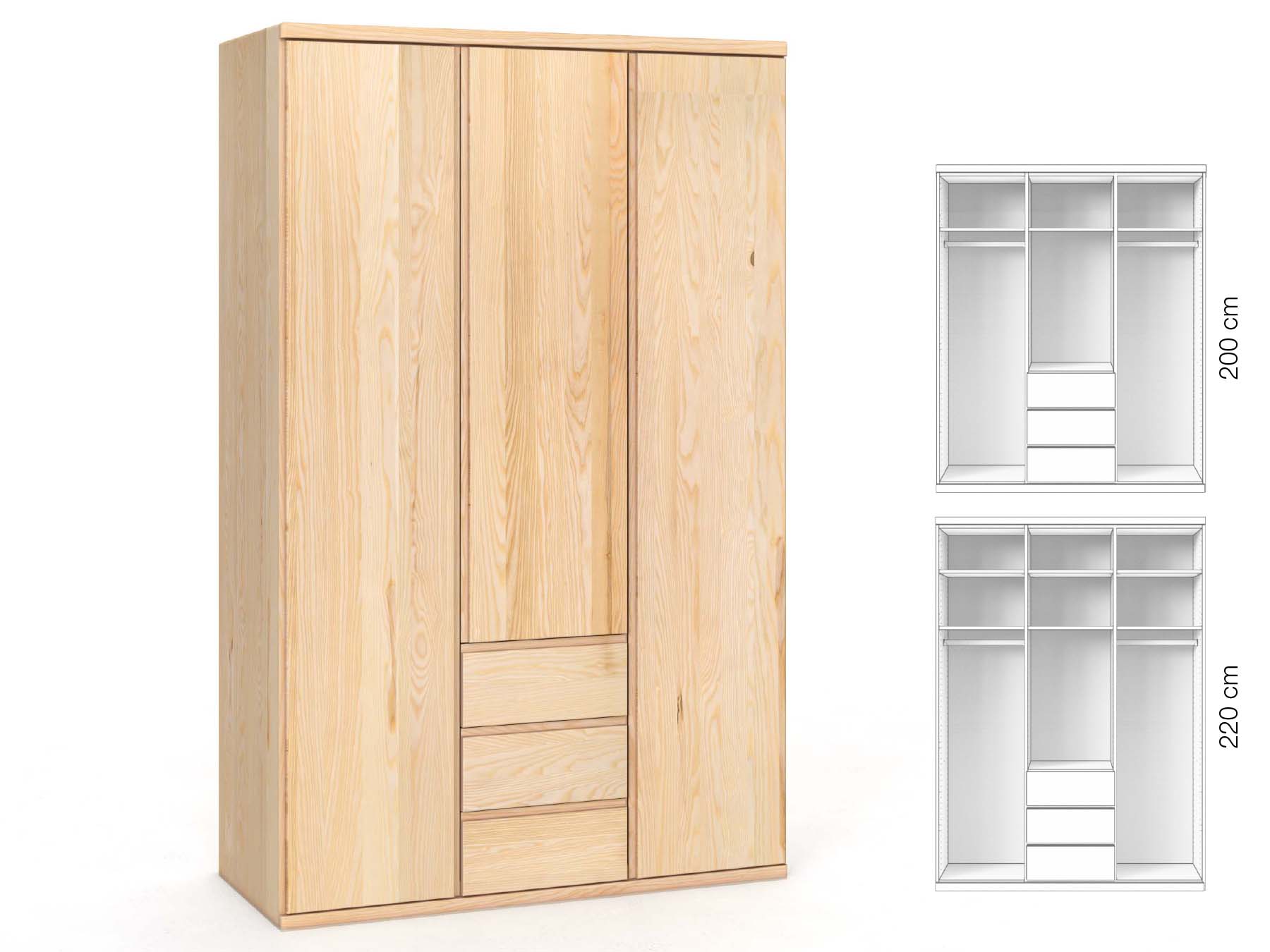 Eschenschrank „Valentin“, 3-türig, Höhe 220 cm, Griffausführung „Patrizia“, Inneneinrichtung: E