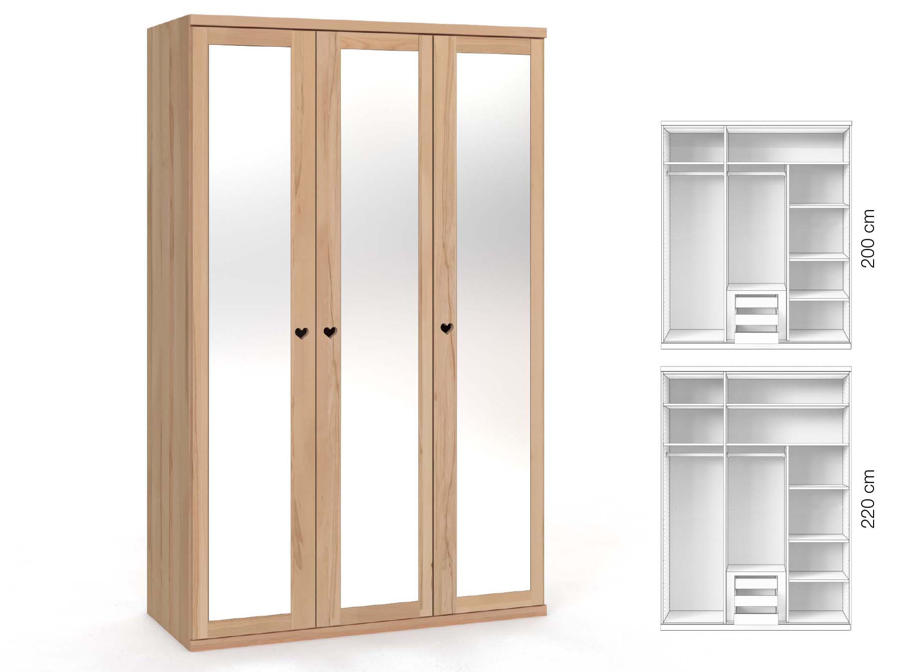 Buchenschrank „Sandra“, 3-türig, Höhe 220 cm, Griffausführung „Heidi“, Inneneinrichtung: D