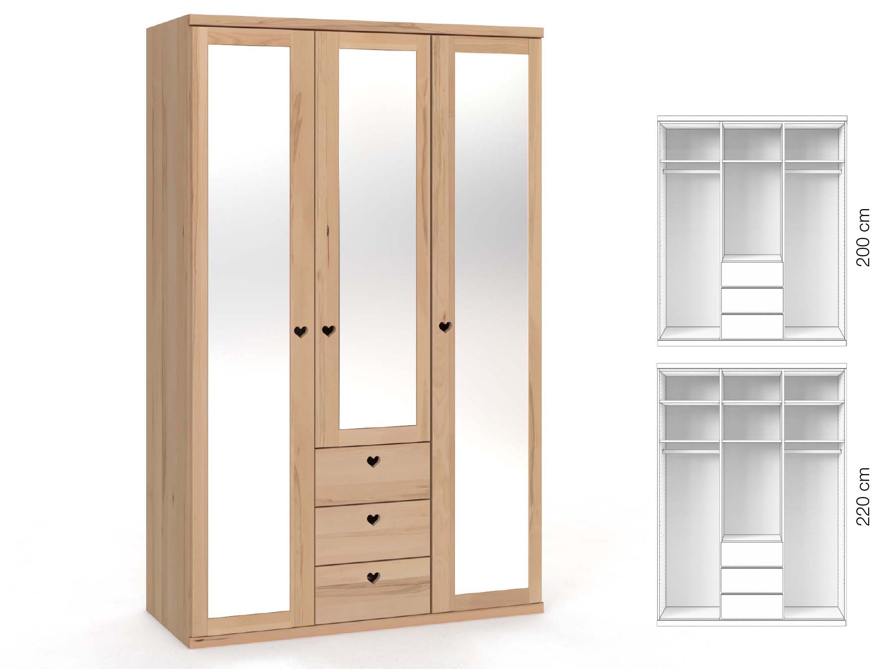 Buchenschrank „Sandra“, 3-türig, Höhe 220 cm, Griffausführung „Heidi“, Inneneinrichtung: E