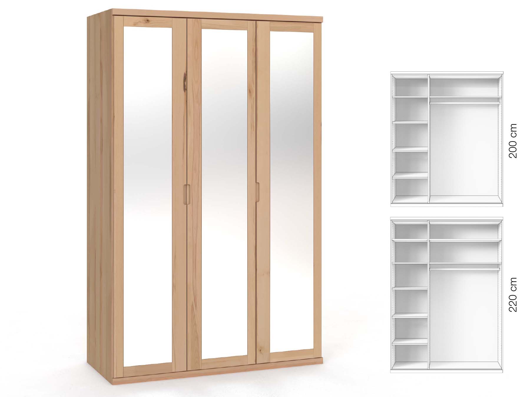 Buchenschrank „Sandra“, 3-türig, Höhe 220 cm, Griffausführung „Lukas“, Inneneinrichtung: B
