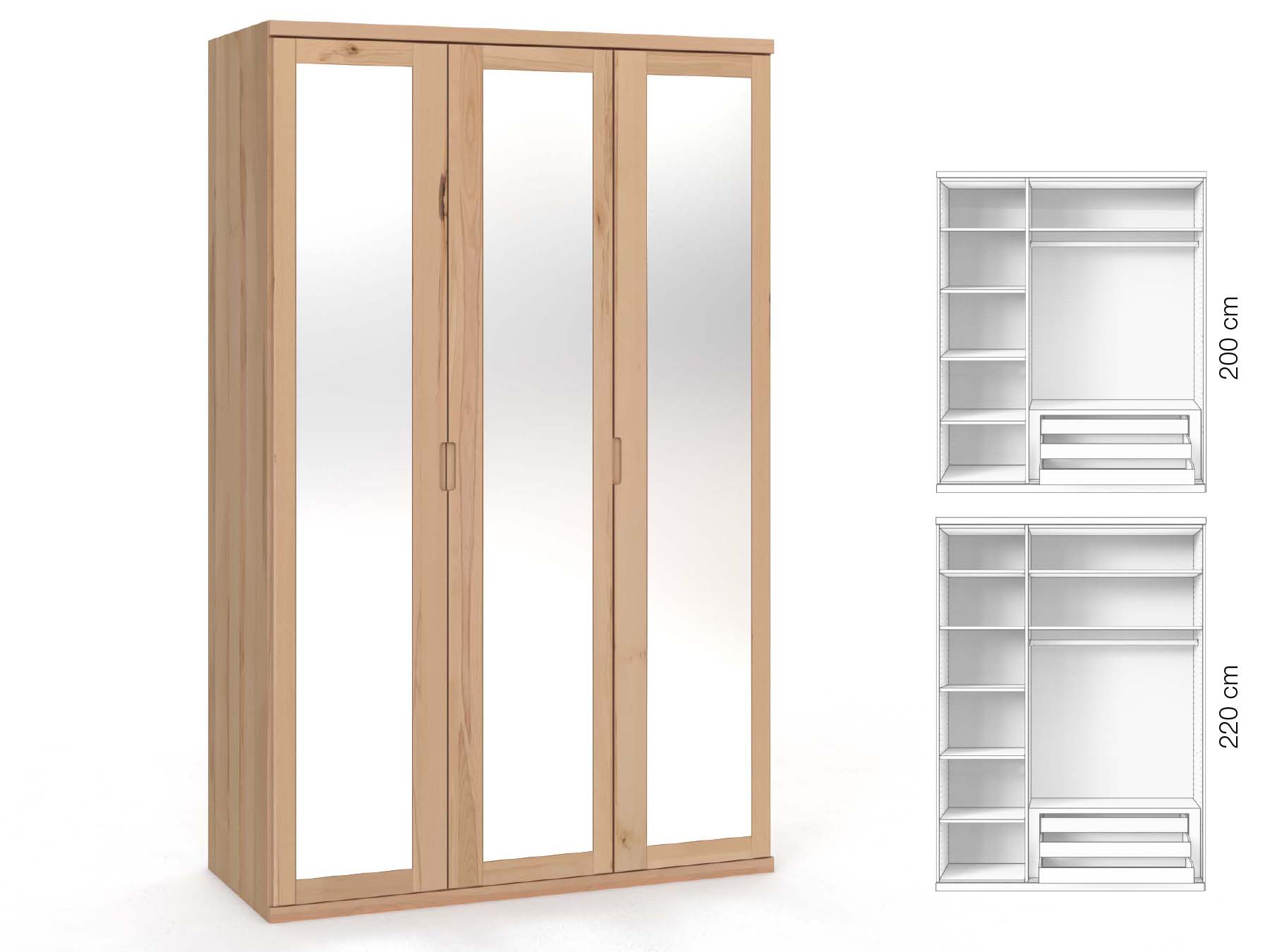 Buchenschrank „Sandra“, 3-türig, Höhe 220 cm, Griffausführung „Lukas“, Inneneinrichtung: C