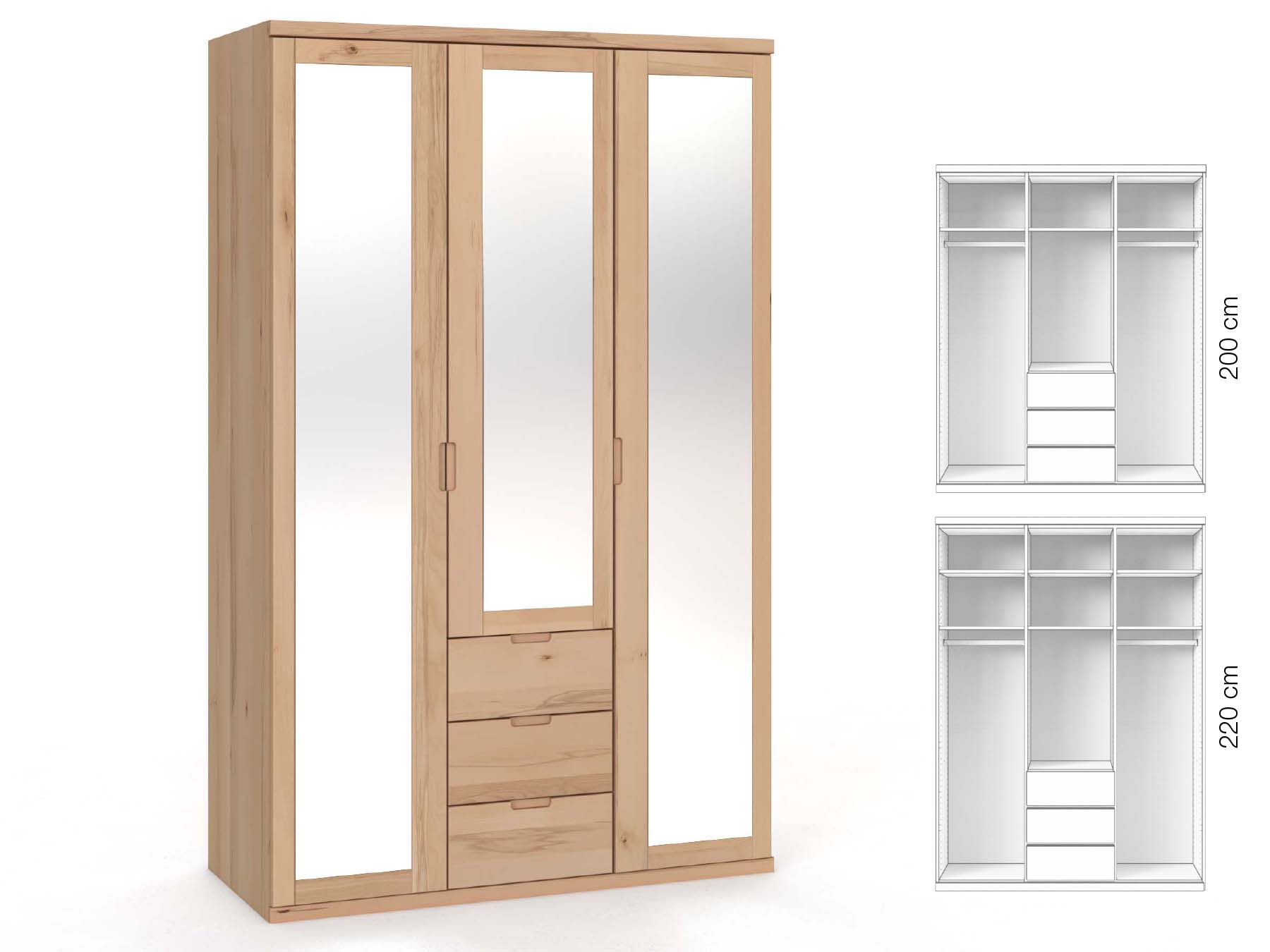 Buchenschrank „Sandra“, 3-türig, Höhe 220 cm, Griffausführung „Lukas“, Inneneinrichtung: E