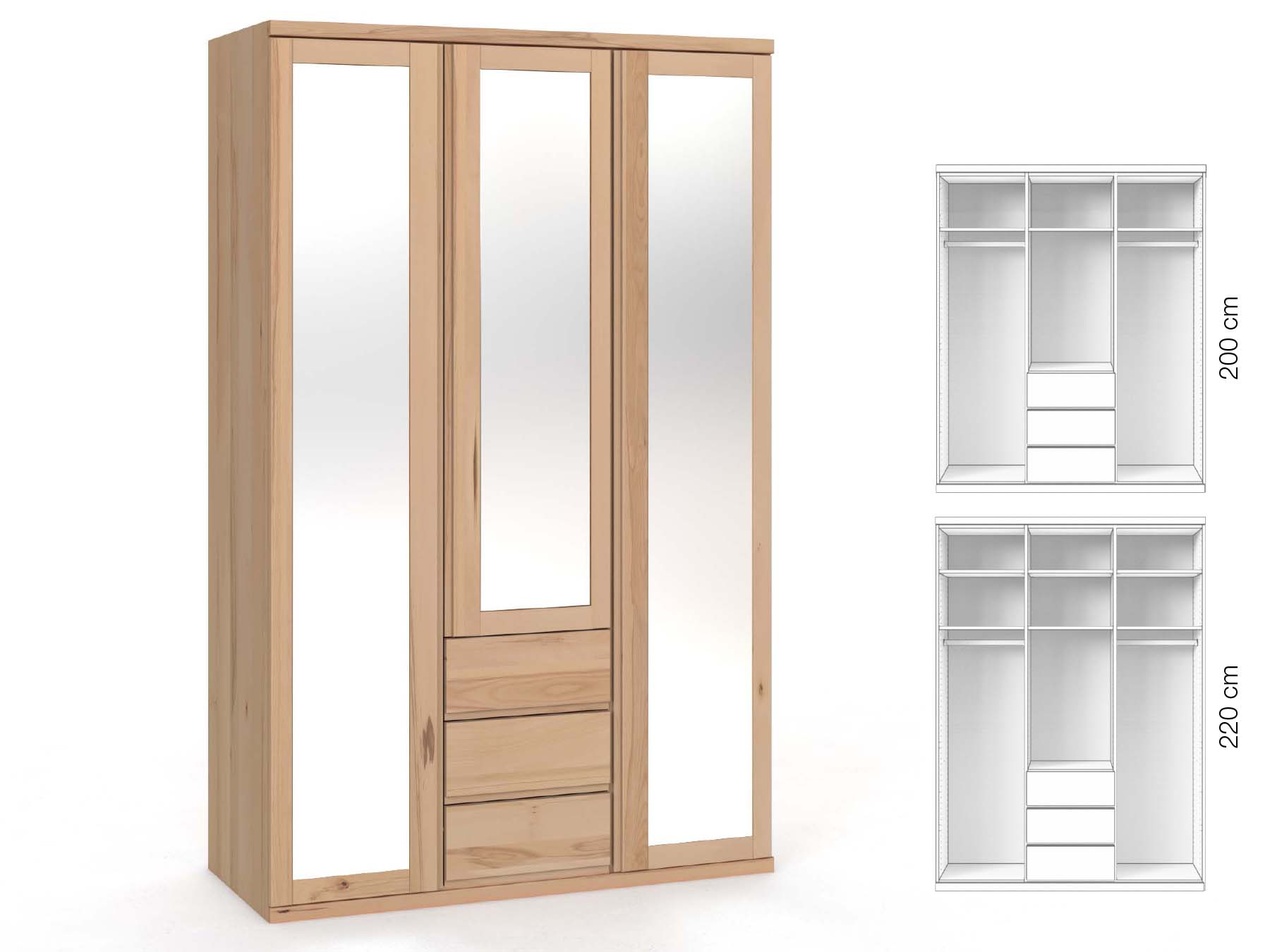 Buchenschrank „Sandra“, 3-türig, Höhe 220 cm, Griffausführung „Patrizia“, Inneneinrichtung: E
