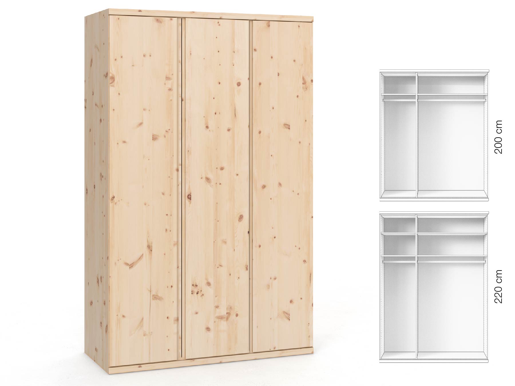 Zirbenschrank „Romana“, 3-türig, Höhe 220 cm, Griffausführung „Patrizia“, Inneneinrichtung: A