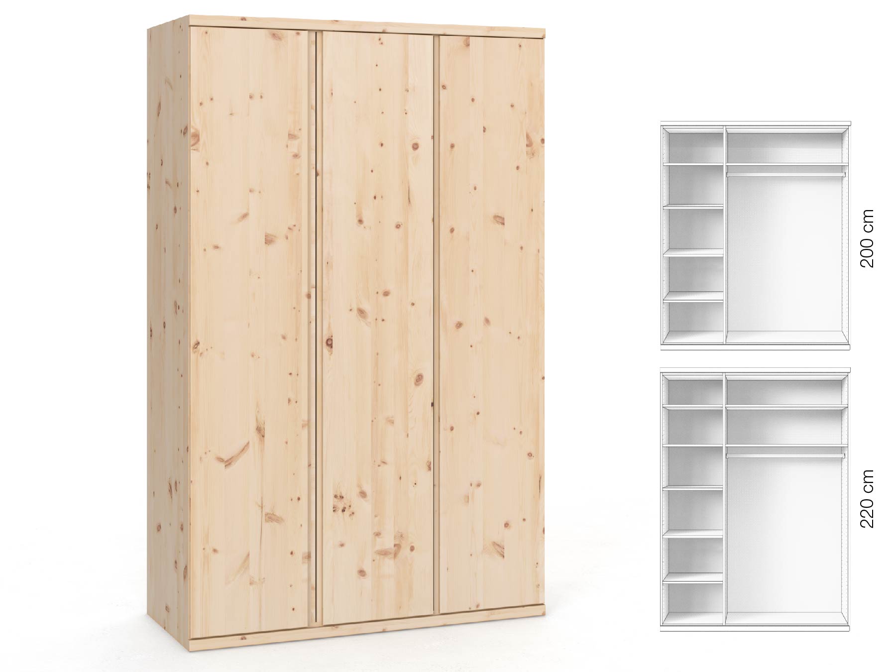Zirbenschrank „Romana“, 3-türig, Höhe 220 cm, Griffausführung „Patrizia“, Inneneinrichtung: B