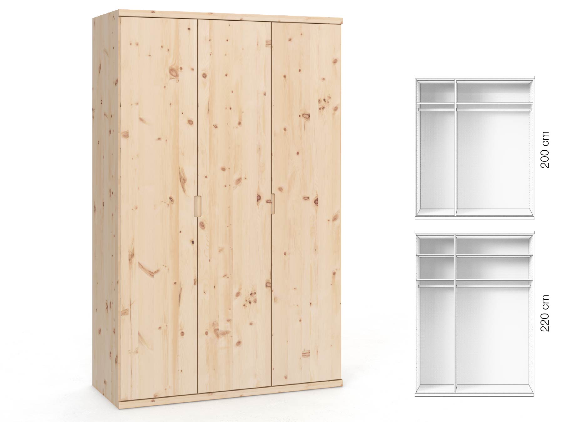 Zirbenschrank „Romana“, 3-türig, Höhe 220 cm, Griffausführung „Lukas“, Inneneinrichtung: A
