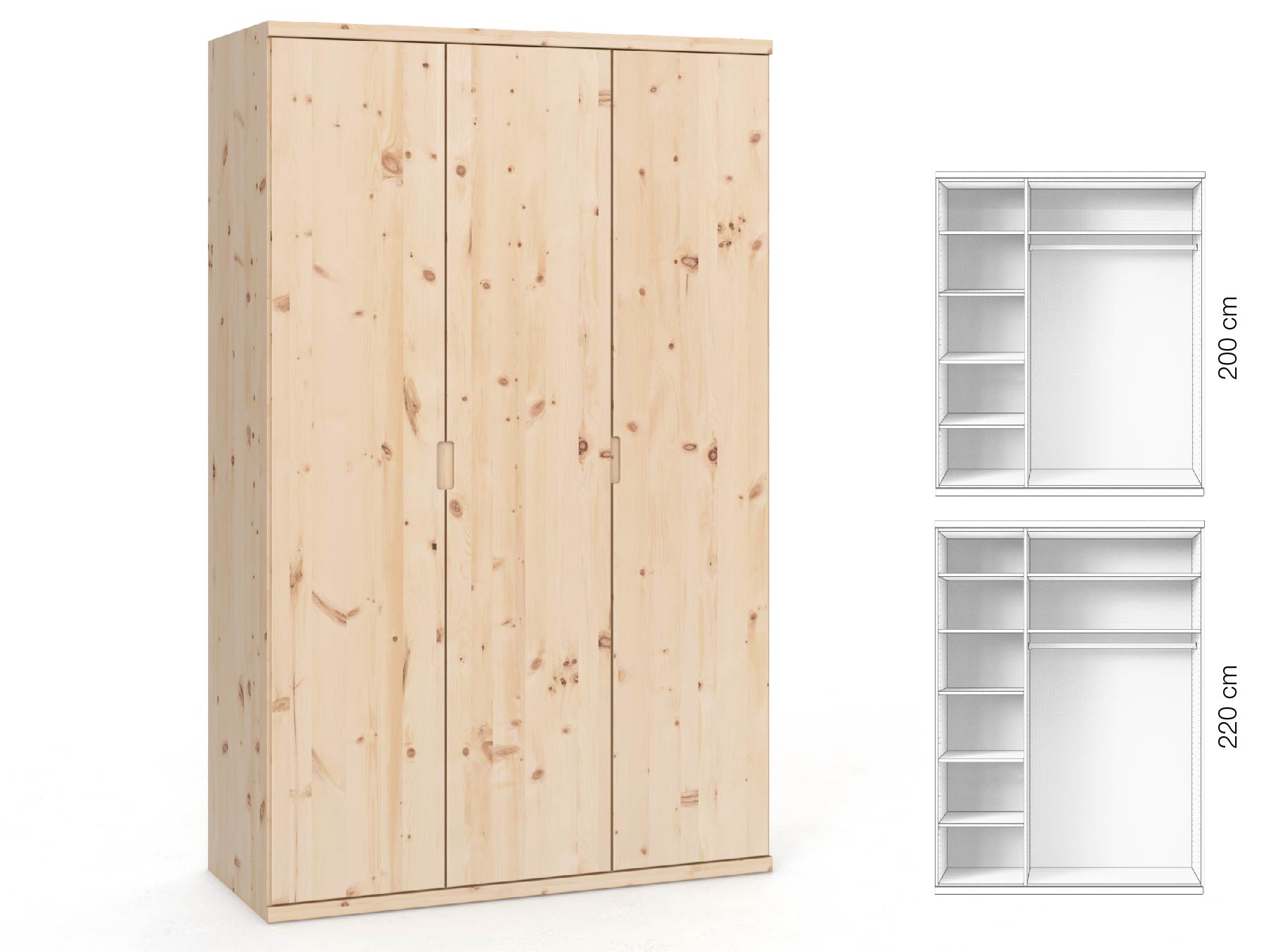 Zirbenschrank „Romana“, 3-türig, Höhe 220 cm, Griffausführung „Lukas“, Inneneinrichtung: B