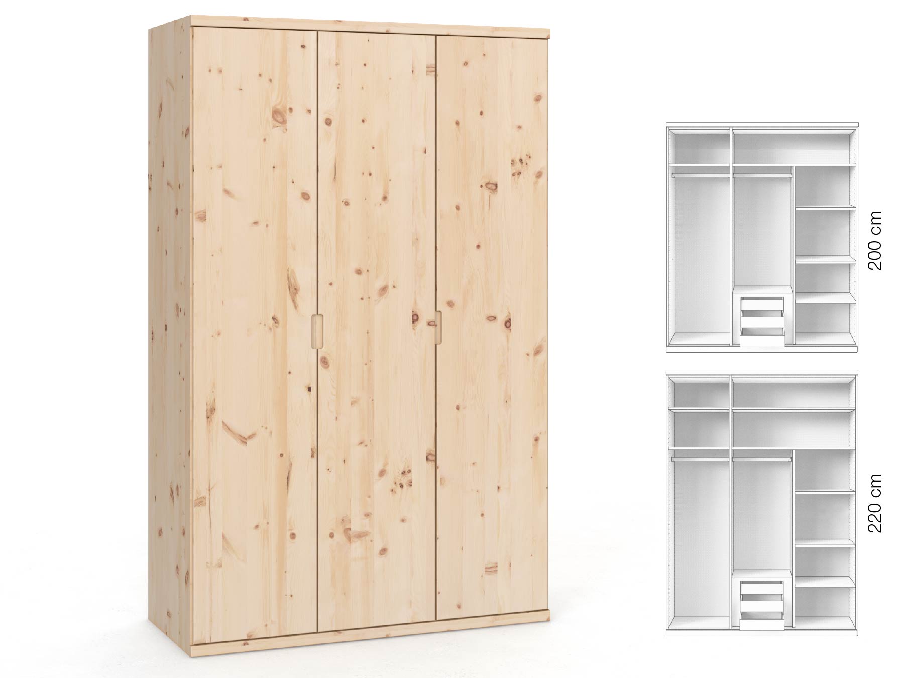 Zirbenschrank „Romana“, 3-türig, Höhe 220 cm, Griffausführung „Lukas“, Inneneinrichtung: D