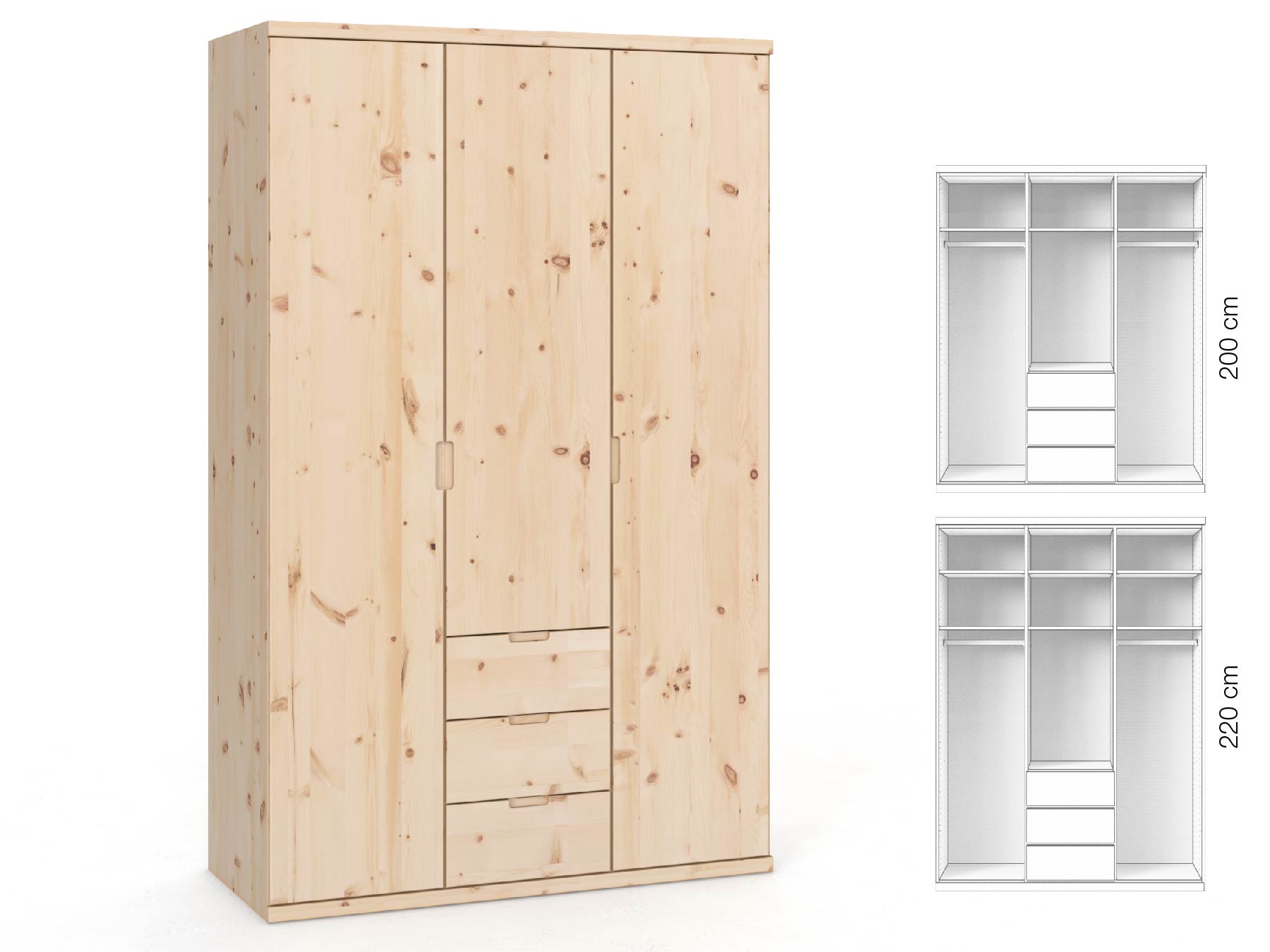 Zirbenschrank „Romana“, 3-türig, Höhe 220 cm, Griffausführung „Lukas“, Inneneinrichtung: E