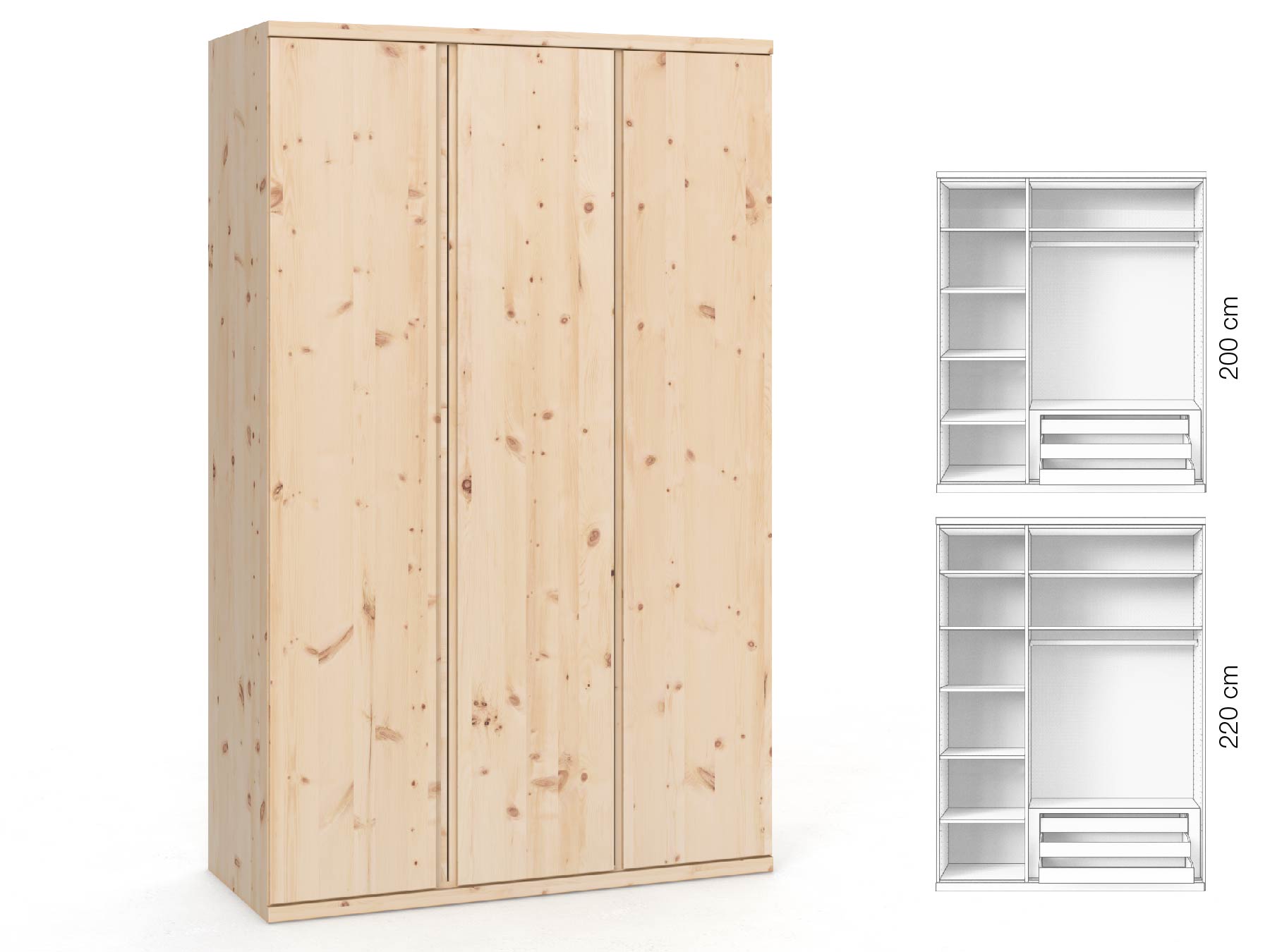 Zirbenschrank „Romana“, 3-türig, Höhe 220 cm, Griffausführung „Patrizia“, Inneneinrichtung: C