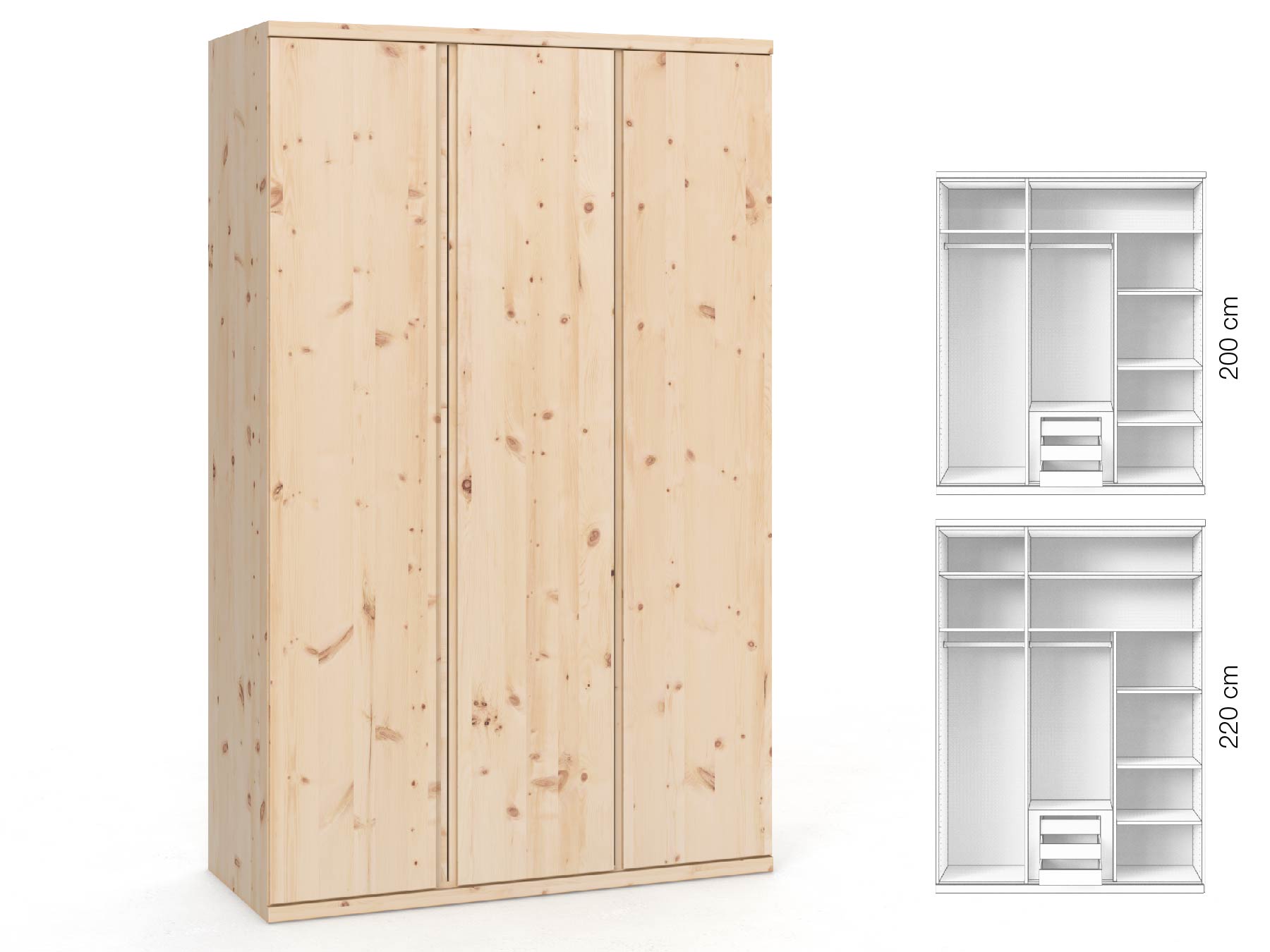 Zirbenschrank „Romana“, 3-türig, Höhe 220 cm, Griffausführung „Patrizia“, Inneneinrichtung: D