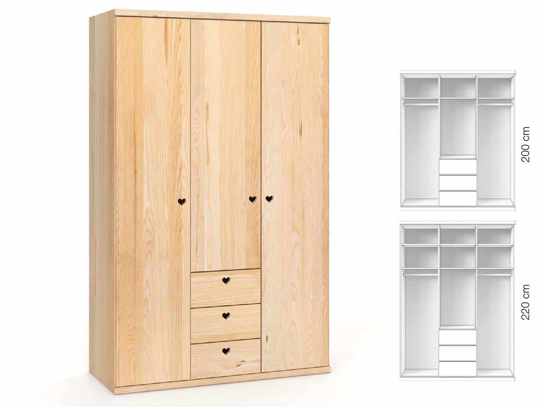 Eschenschrank „Romana“, 3-türig, Höhe 220 cm, Griffausführung „Heidi“, Inneneinrichtung: E