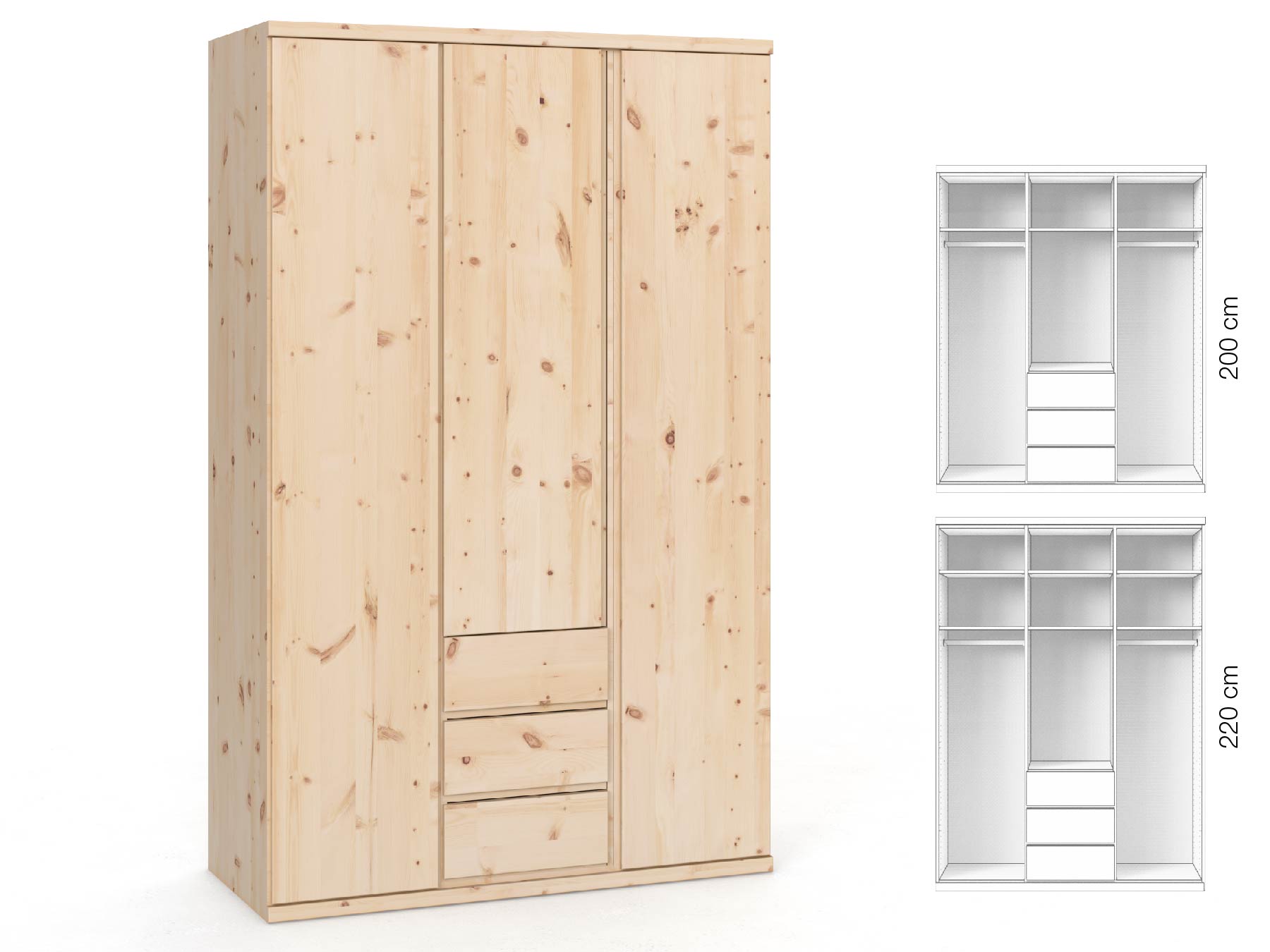 Zirbenschrank „Romana“, 3-türig, Höhe 220 cm, Griffausführung „Patrizia“, Inneneinrichtung: E