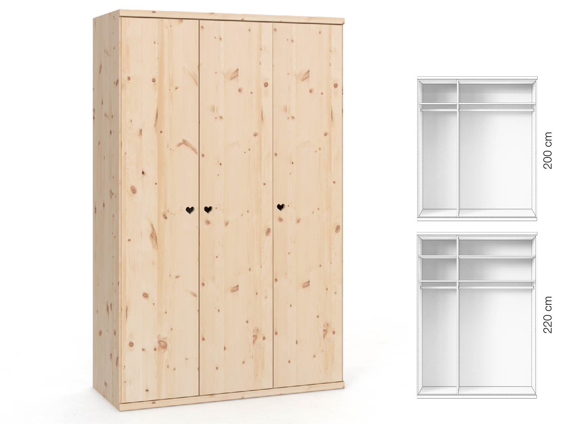 Zirbenschrank „Romana“, 3-türig, Höhe 220 cm, Griffausführung „Heidi“, Inneneinrichtung: A