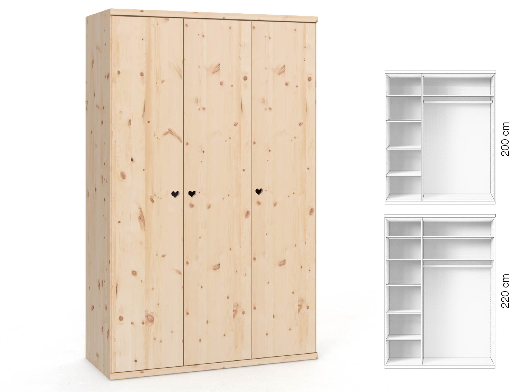 Zirbenschrank „Romana“, 3-türig, Höhe 220 cm, Griffausführung „Heidi“, Inneneinrichtung: B