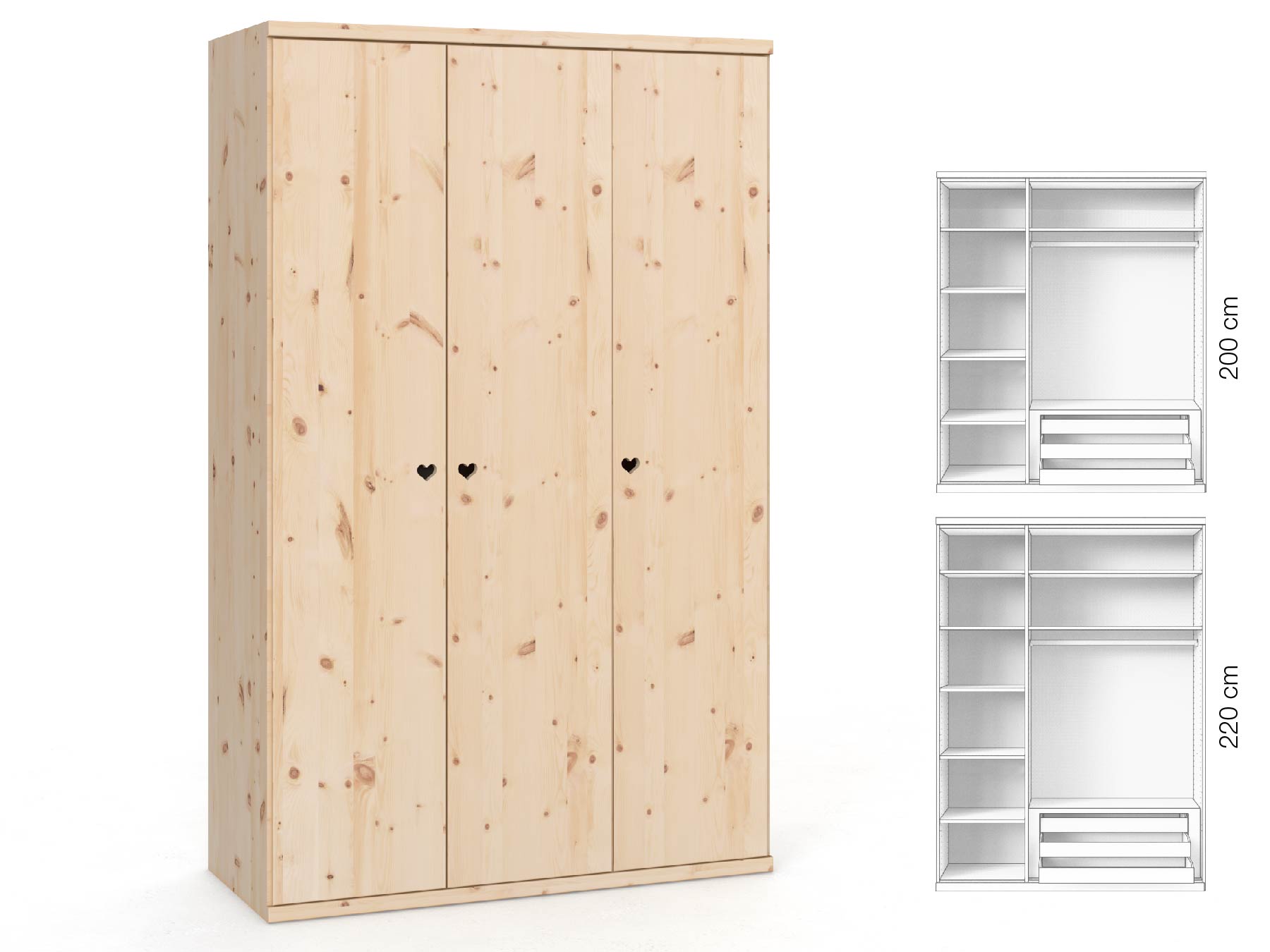 Zirbenschrank „Romana“, 3-türig, Höhe 220 cm, Griffausführung „Heidi“, Inneneinrichtung: C