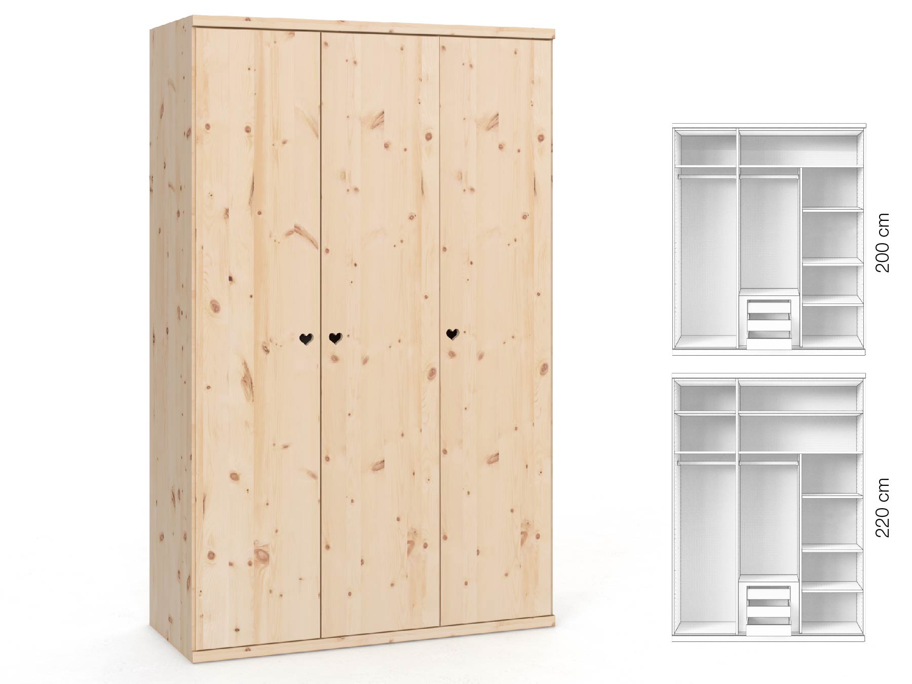 Zirbenschrank „Romana“, 3-türig, Höhe 220 cm, Griffausführung „Heidi“, Inneneinrichtung: D