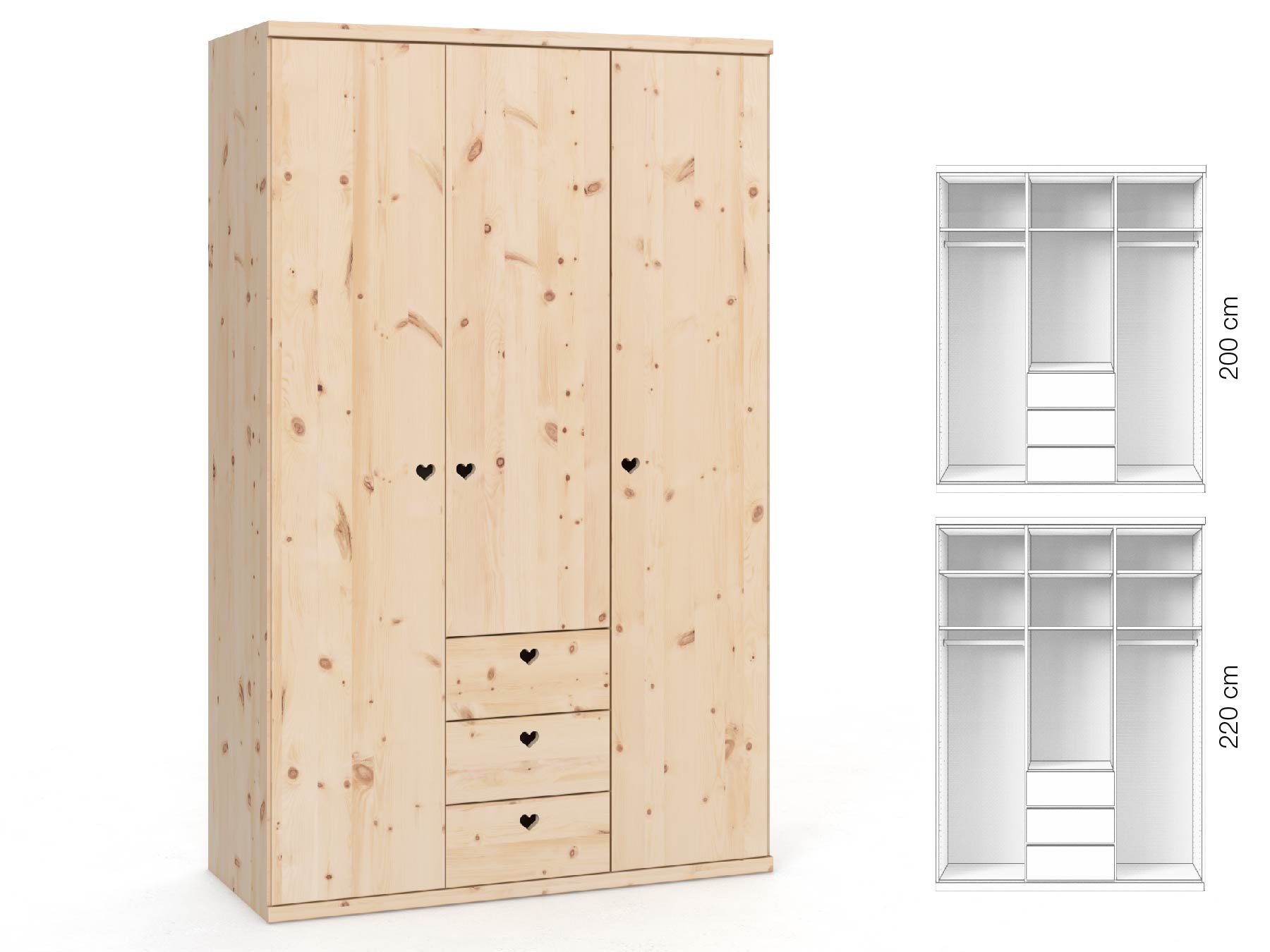 Zirbenschrank „Romana“, 3-türig, Höhe 220 cm, Griffausführung „Heidi“, Inneneinrichtung: E