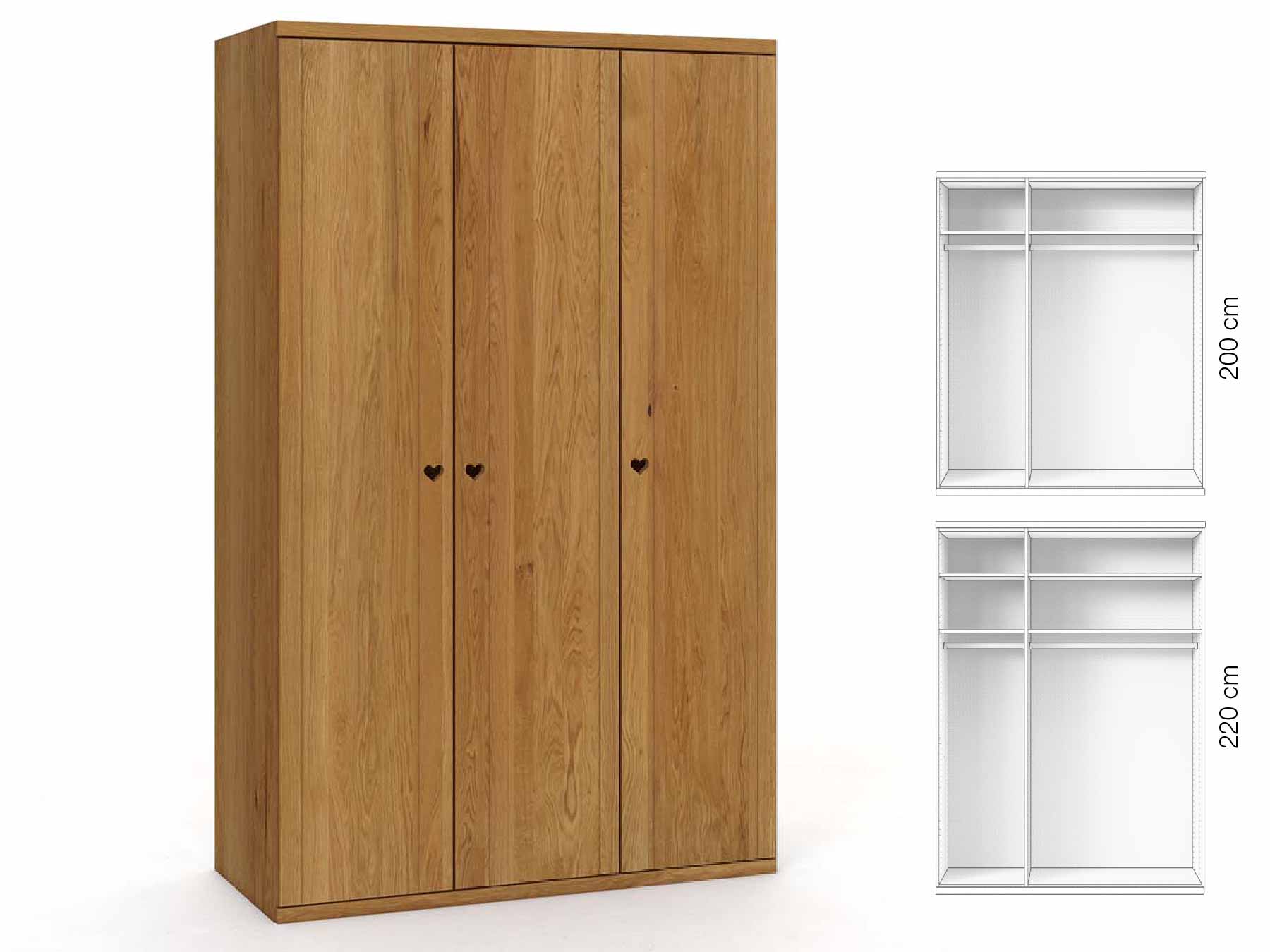 Eichenschrank „Egon“, 3-türig, Höhe 220 cm, Griffausführung „Heidi“, Inneneinrichtung: A
