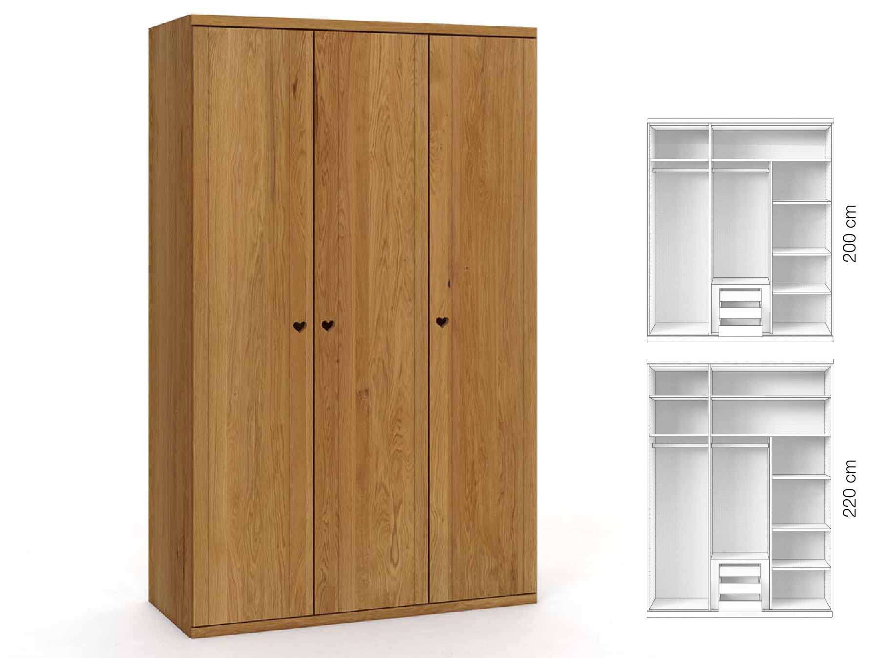 Eichenschrank „Egon“, 3-türig, Höhe 220 cm, Griffausführung „Heidi“, Inneneinrichtung: D