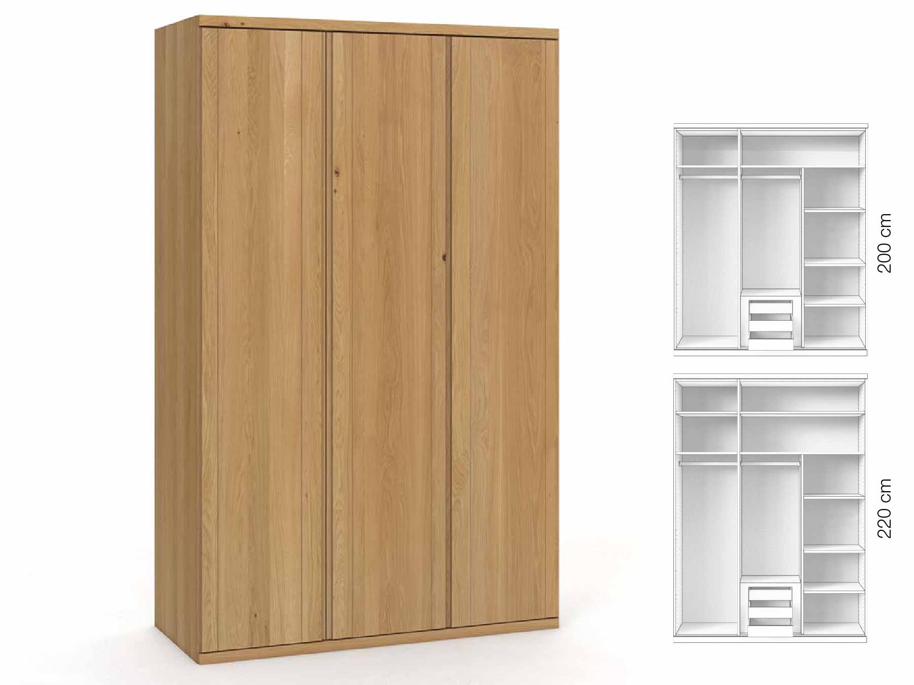 Eichenschrank Hell „Egon“, 3-türig, Höhe 220 cm, Griffausführung „Patrizia“, Inneneinrichtung: D