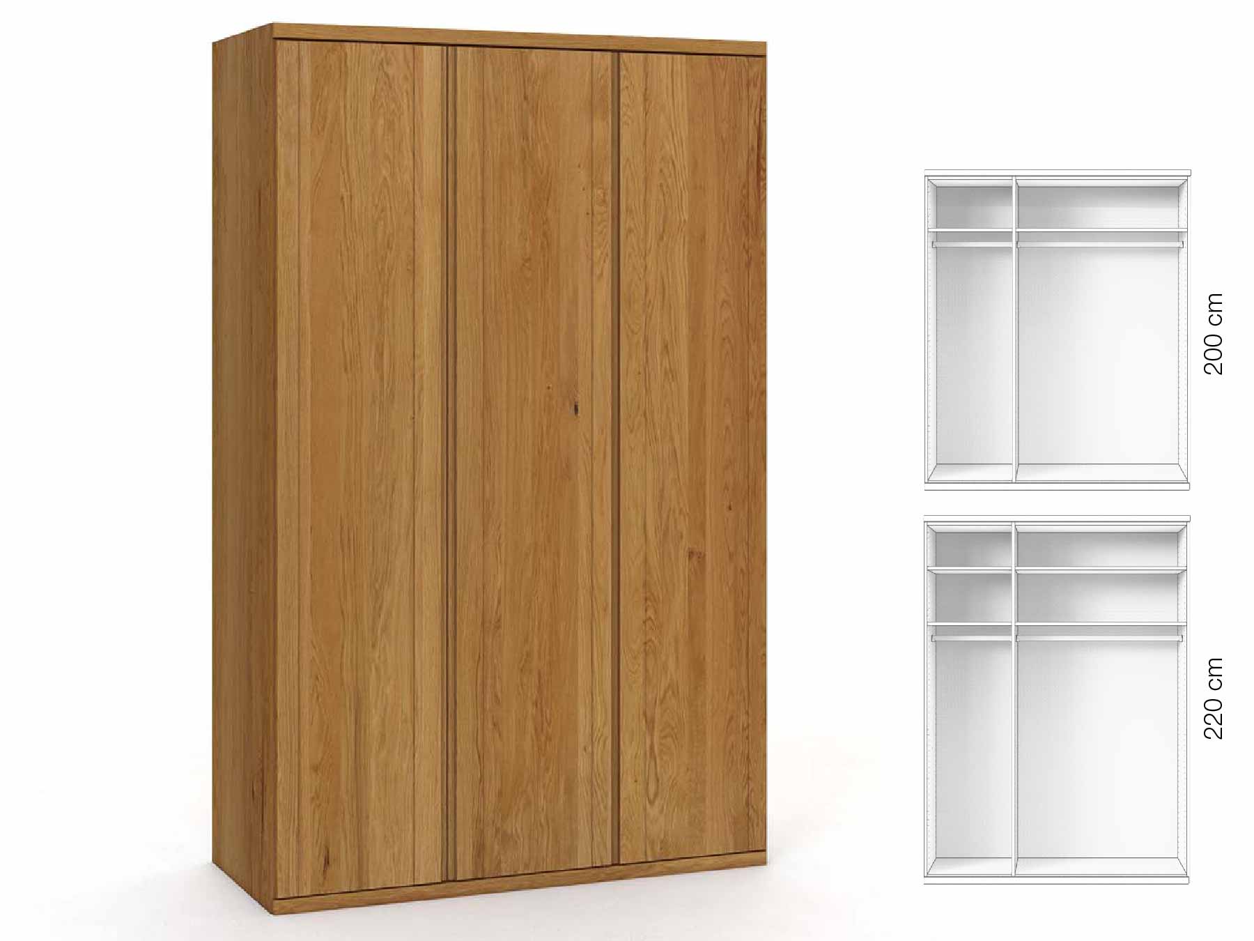 Eichenschrank „Egon“, 3-türig, Höhe 220 cm, Griffausführung „Patrizia“, Inneneinrichtung: A