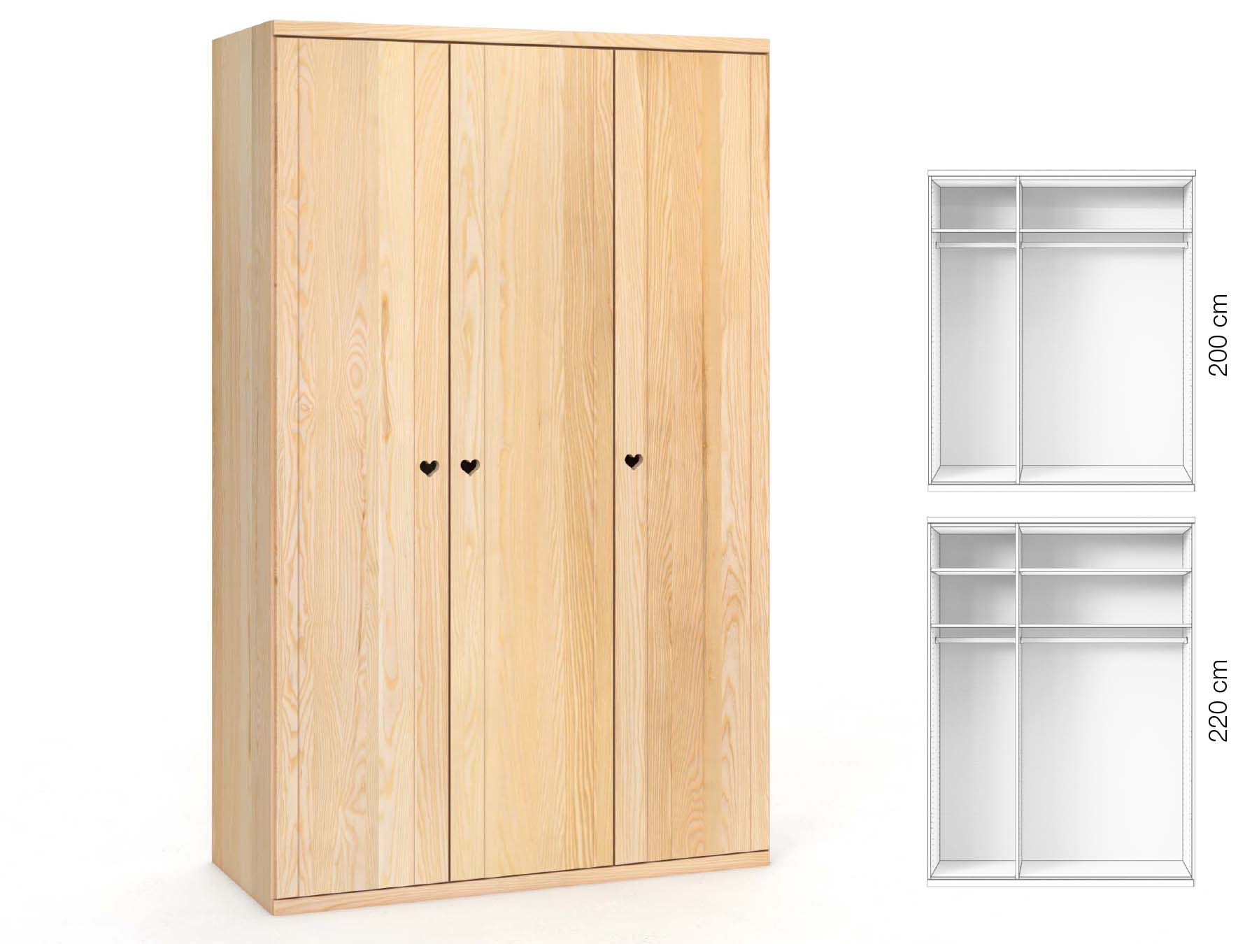 Eschenschrank „Egon“, 3-türig, Höhe 220 cm, Griffausführung „Heidi“, Inneneinrichtung: A