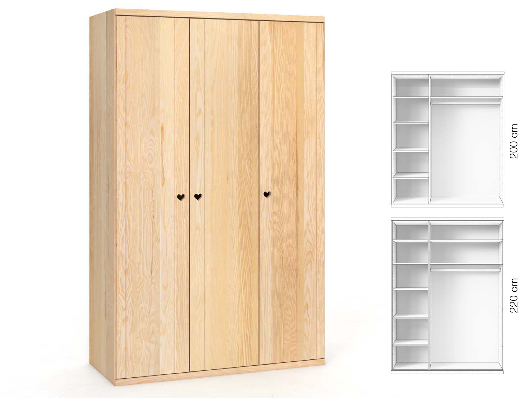 Eschenschrank „Egon“, 3-türig, Höhe 220 cm, Griffausführung „Heidi“, Inneneinrichtung: B