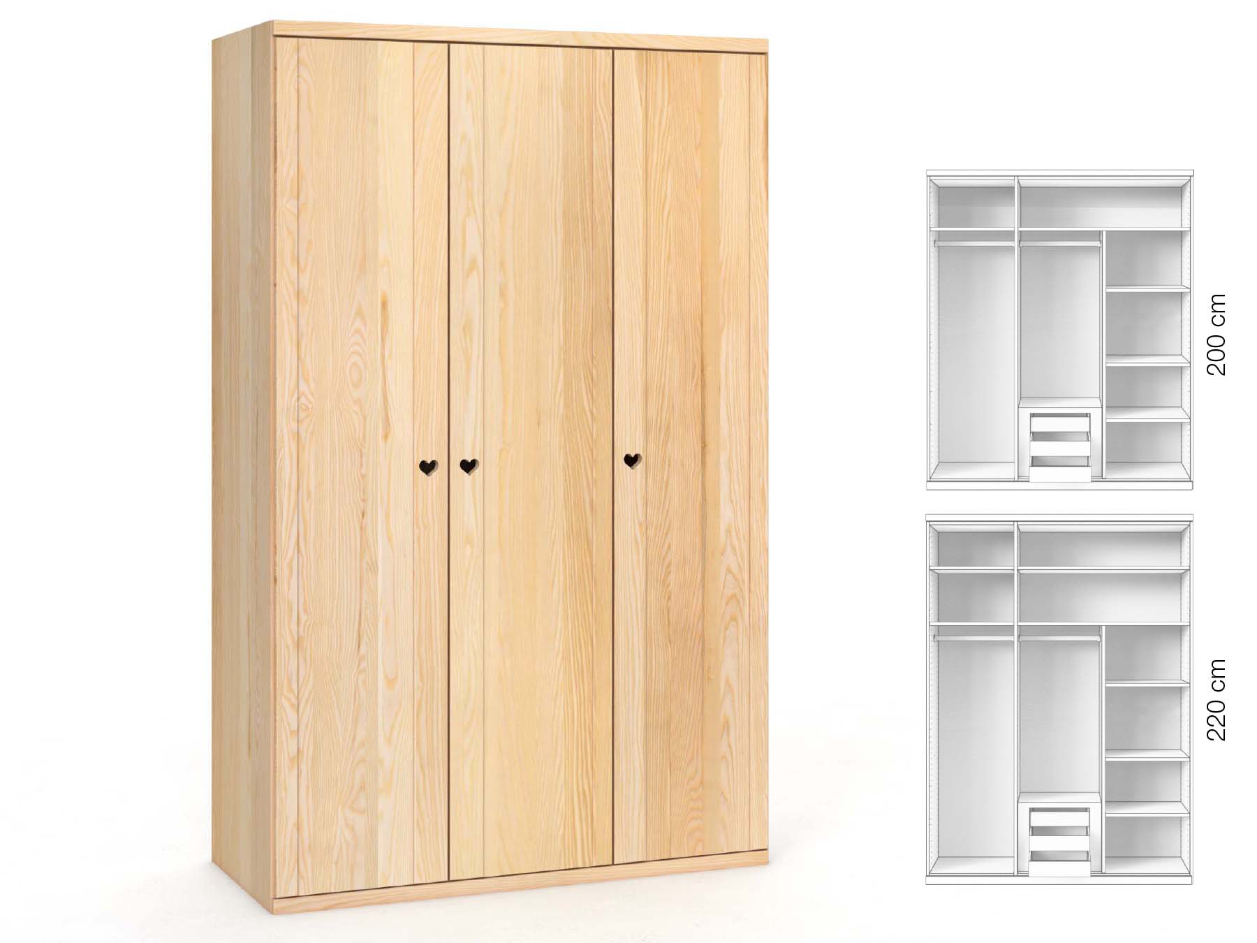 Eschenschrank „Egon“, 3-türig, Höhe 220 cm, Griffausführung „Heidi“, Inneneinrichtung: D