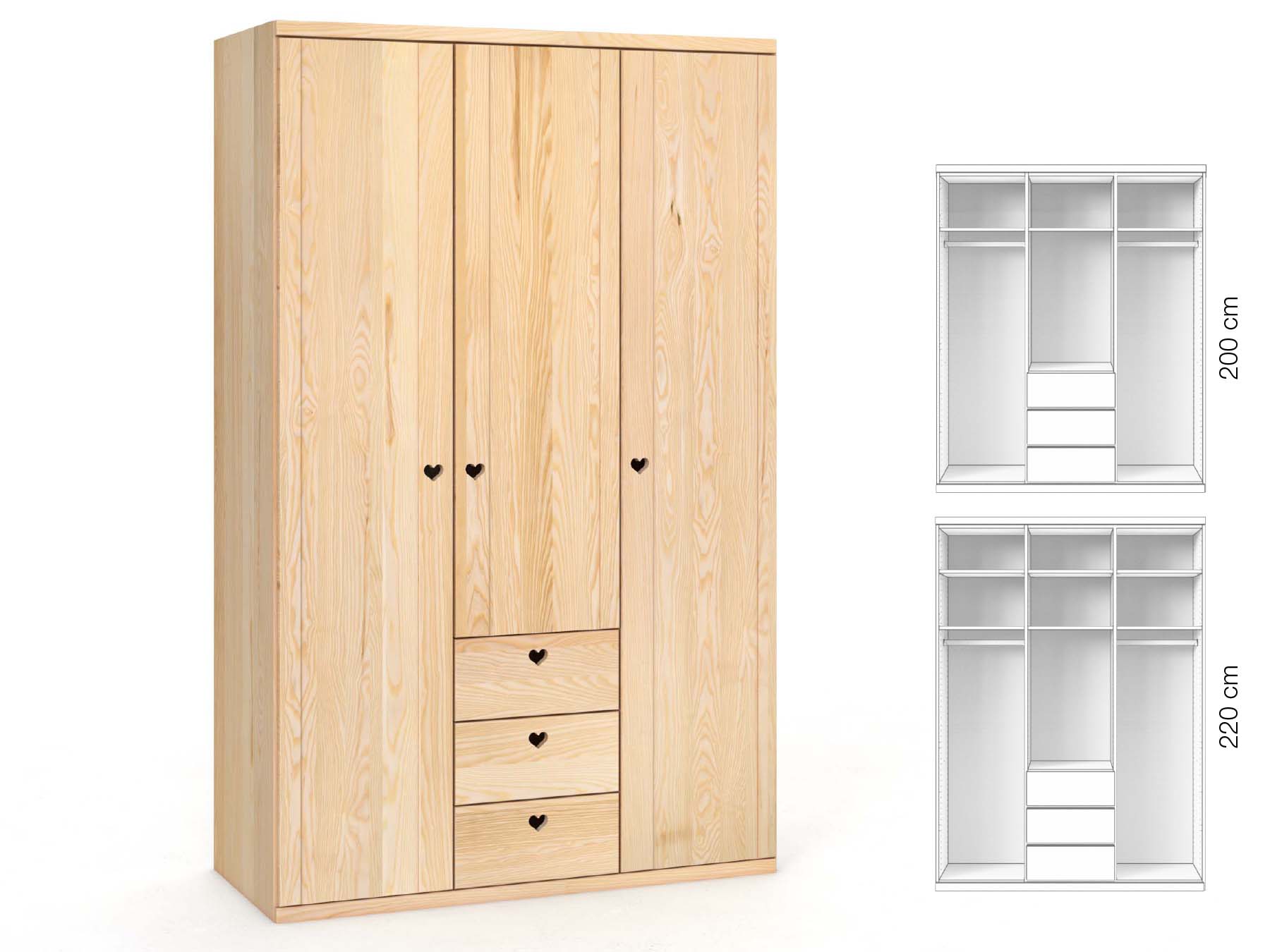 Eschenschrank „Egon“, 3-türig, Höhe 220 cm, Griffausführung „Heidi“, Inneneinrichtung: E
