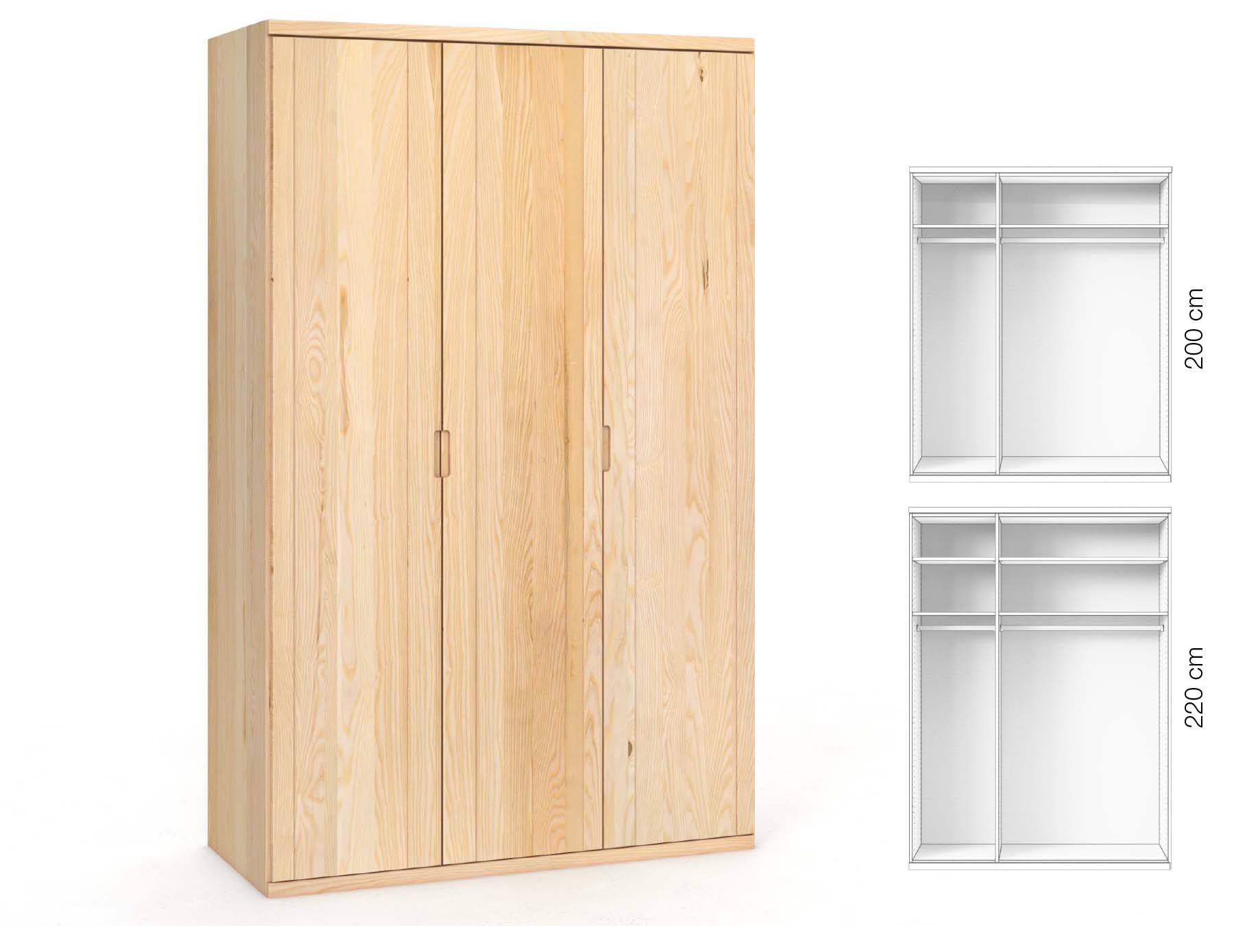 Eschenschrank „Egon“, 3-türig, Höhe 220 cm, Griffausführung „Lukas“, Inneneinrichtung: A