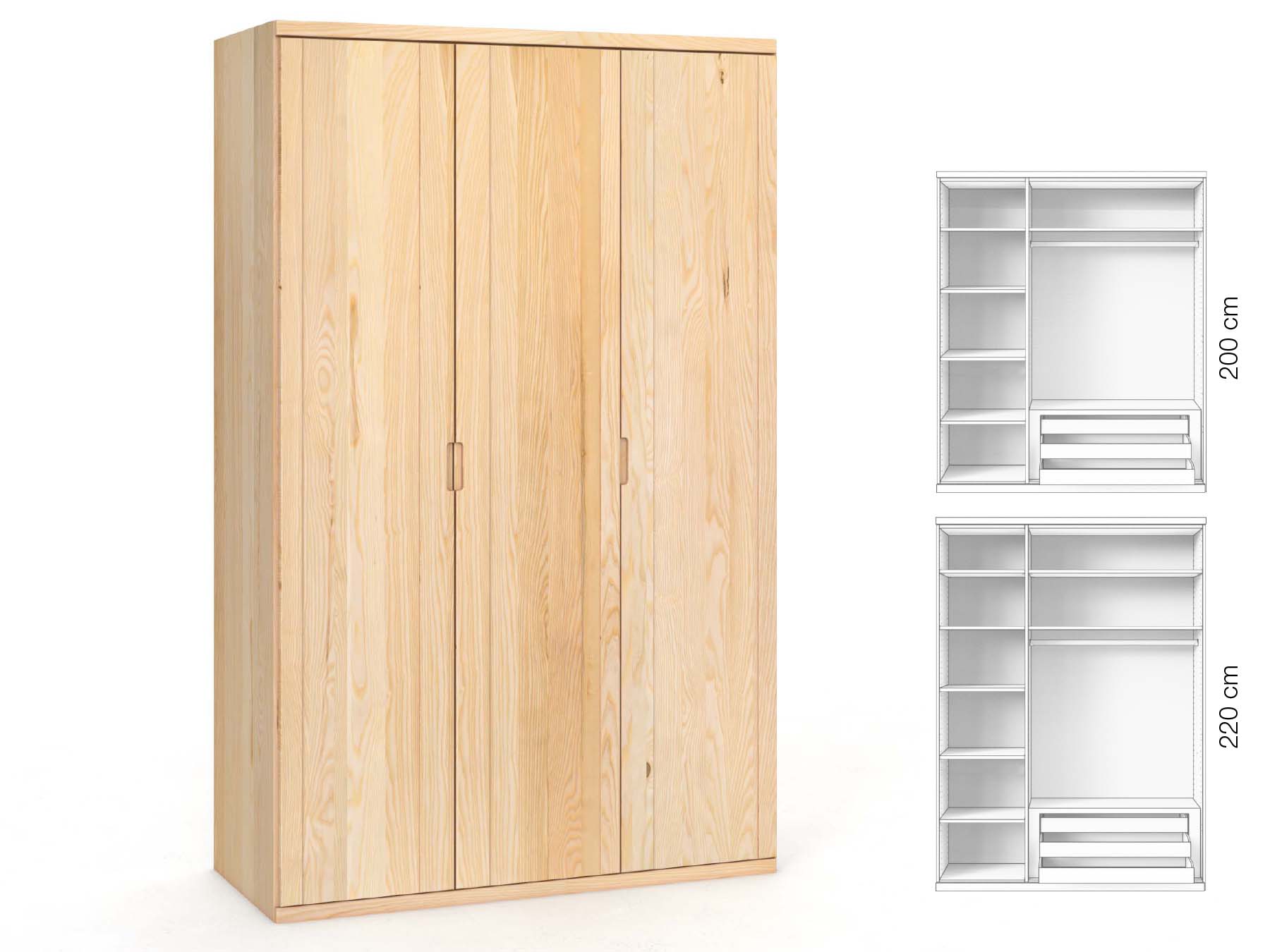 Eschenschrank „Egon“, 3-türig, Höhe 220 cm, Griffausführung „Lukas“, Inneneinrichtung: C