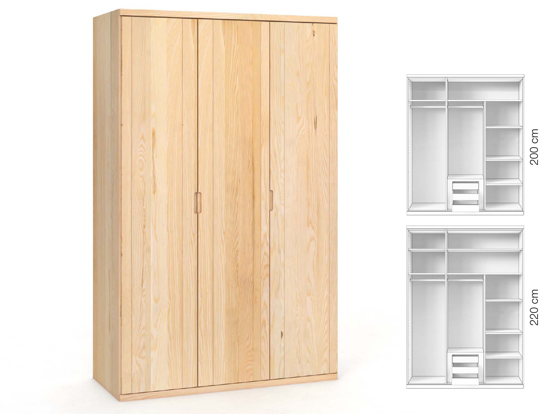 Eschenschrank „Egon“, 3-türig, Höhe 220 cm, Griffausführung „Lukas“, Inneneinrichtung: D
