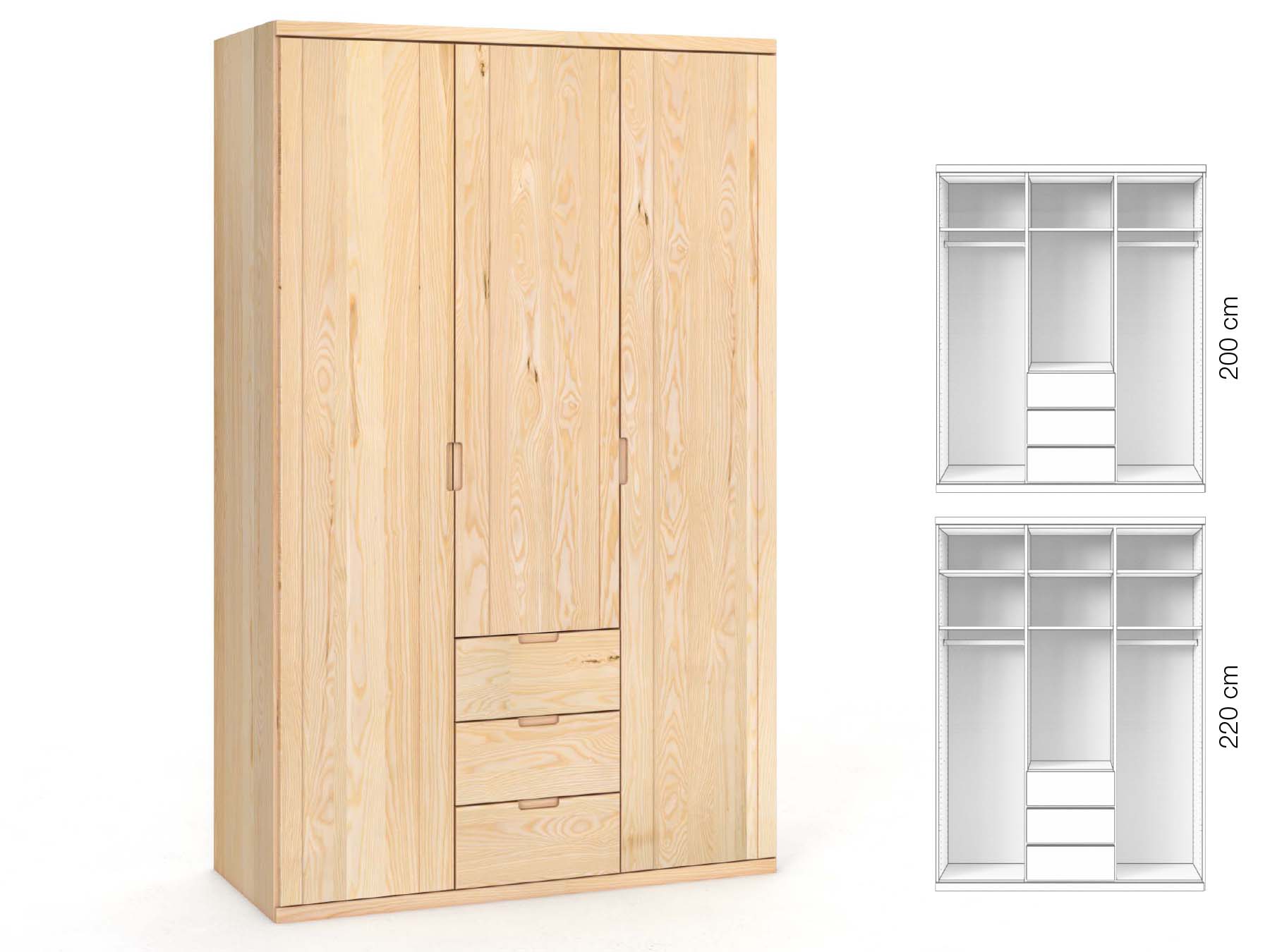 Eschenschrank „Egon“, 3-türig, Höhe 220 cm, Griffausführung „Lukas“, Inneneinrichtung: E