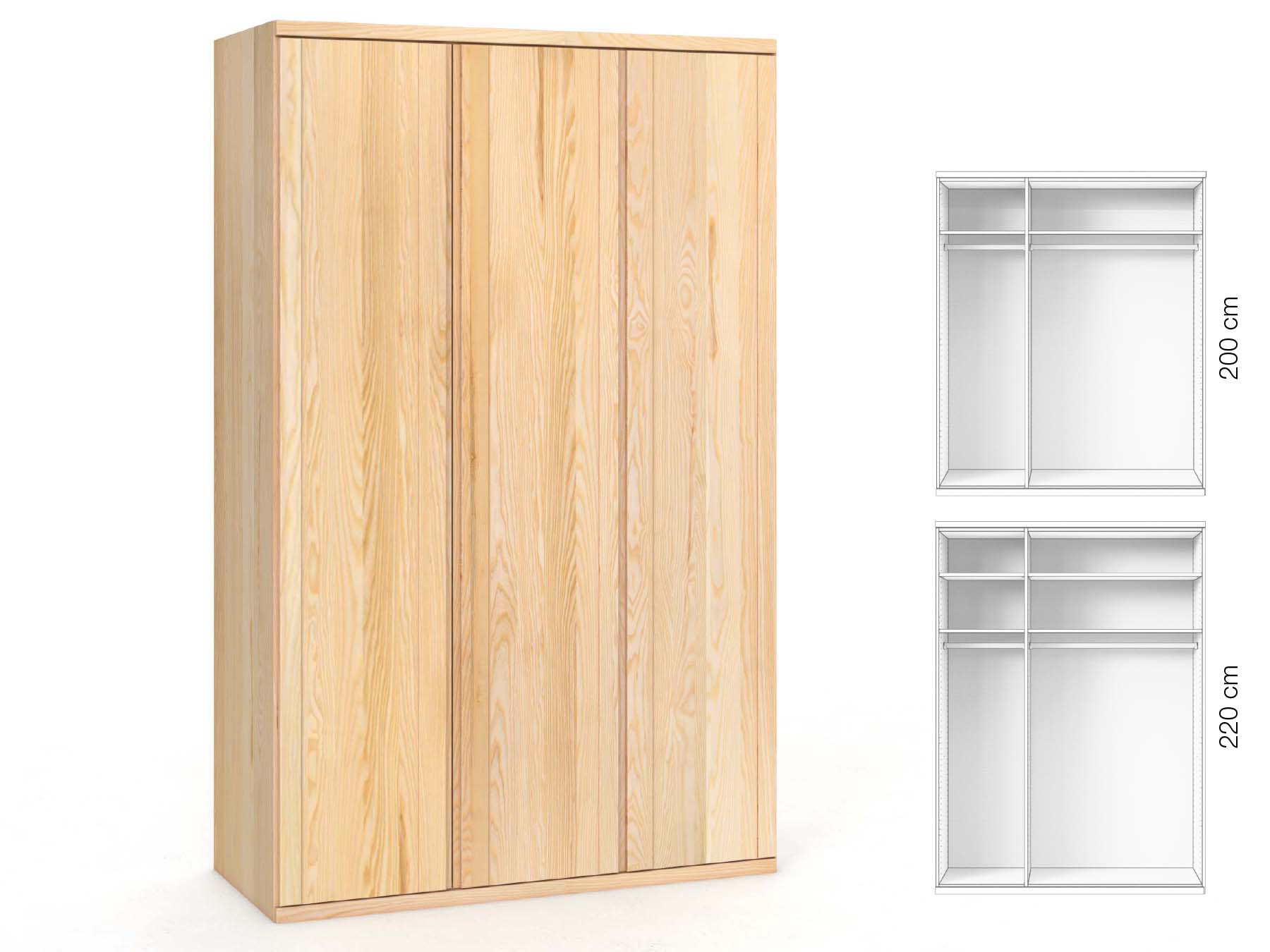 Eschenschrank „Egon“, 3-türig, Höhe 220 cm, Griffausführung „Patrizia“, Inneneinrichtung: A