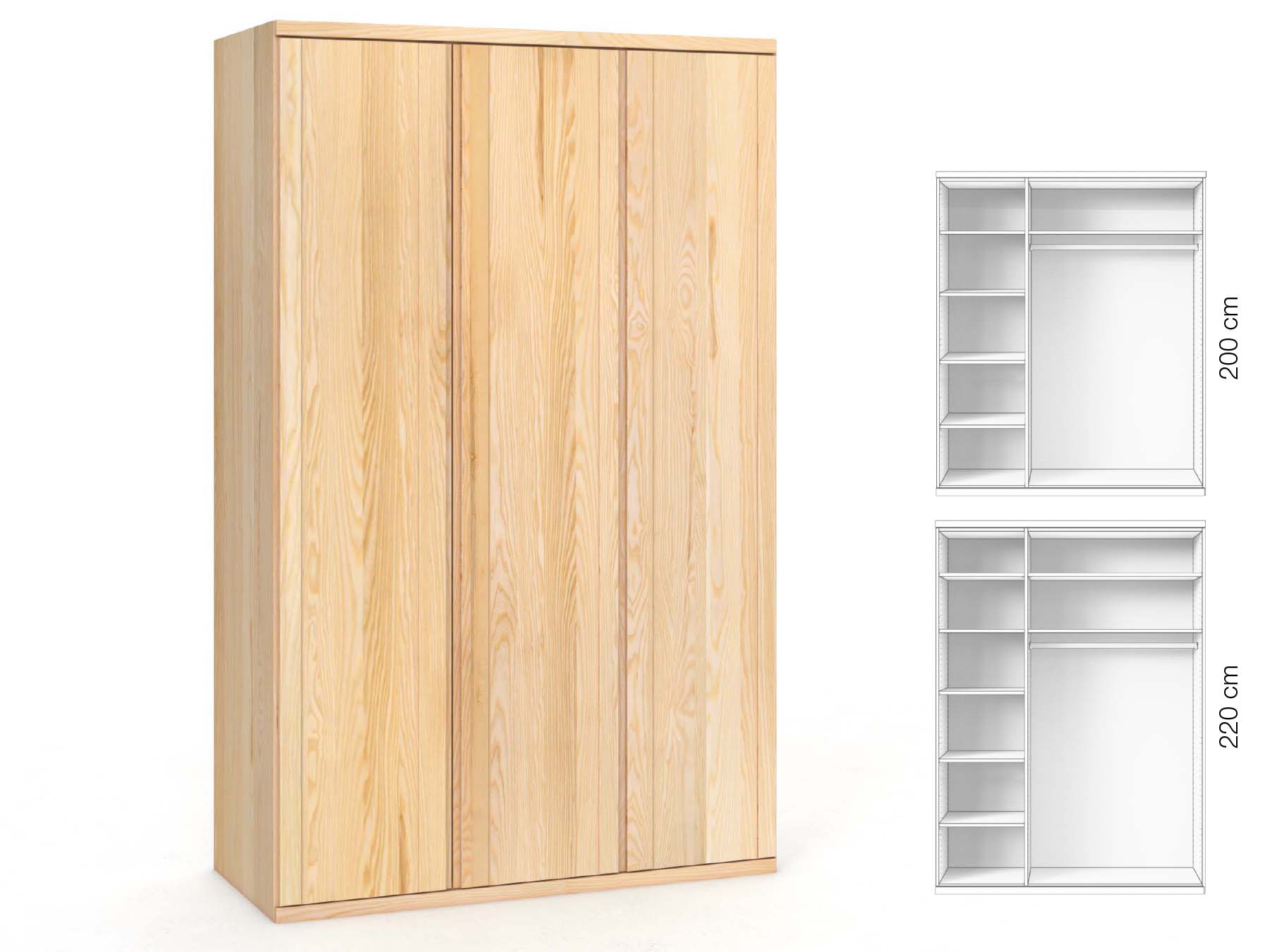 Eschenschrank „Egon“, 3-türig, Höhe 220 cm, Griffausführung „Patrizia“, Inneneinrichtung: B