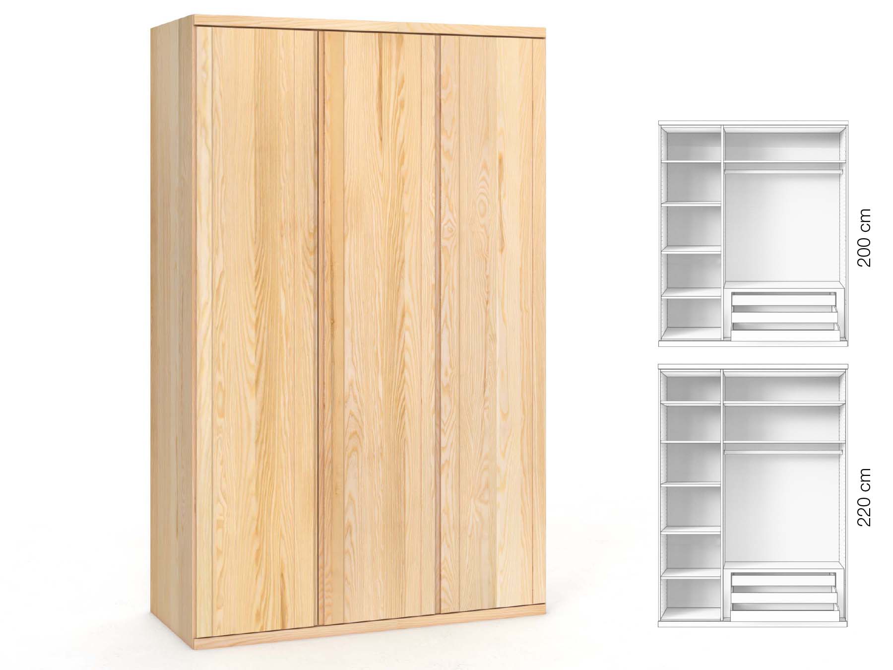 Eschenschrank „Egon“, 3-türig, Höhe 220 cm, Griffausführung „Patrizia“, Inneneinrichtung: C
