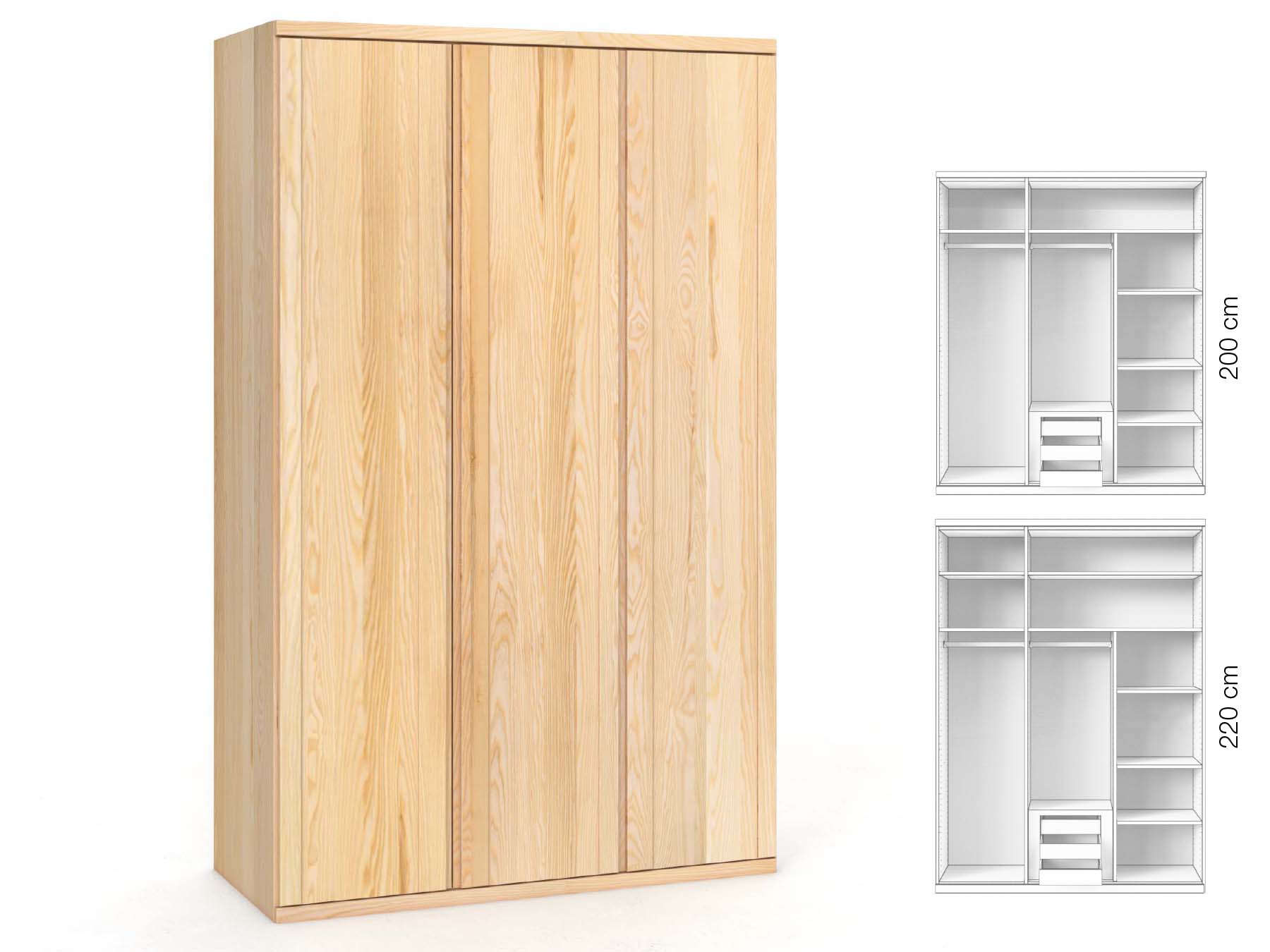 Eschenschrank „Egon“, 3-türig, Höhe 220 cm, Griffausführung „Patrizia“, Inneneinrichtung: D