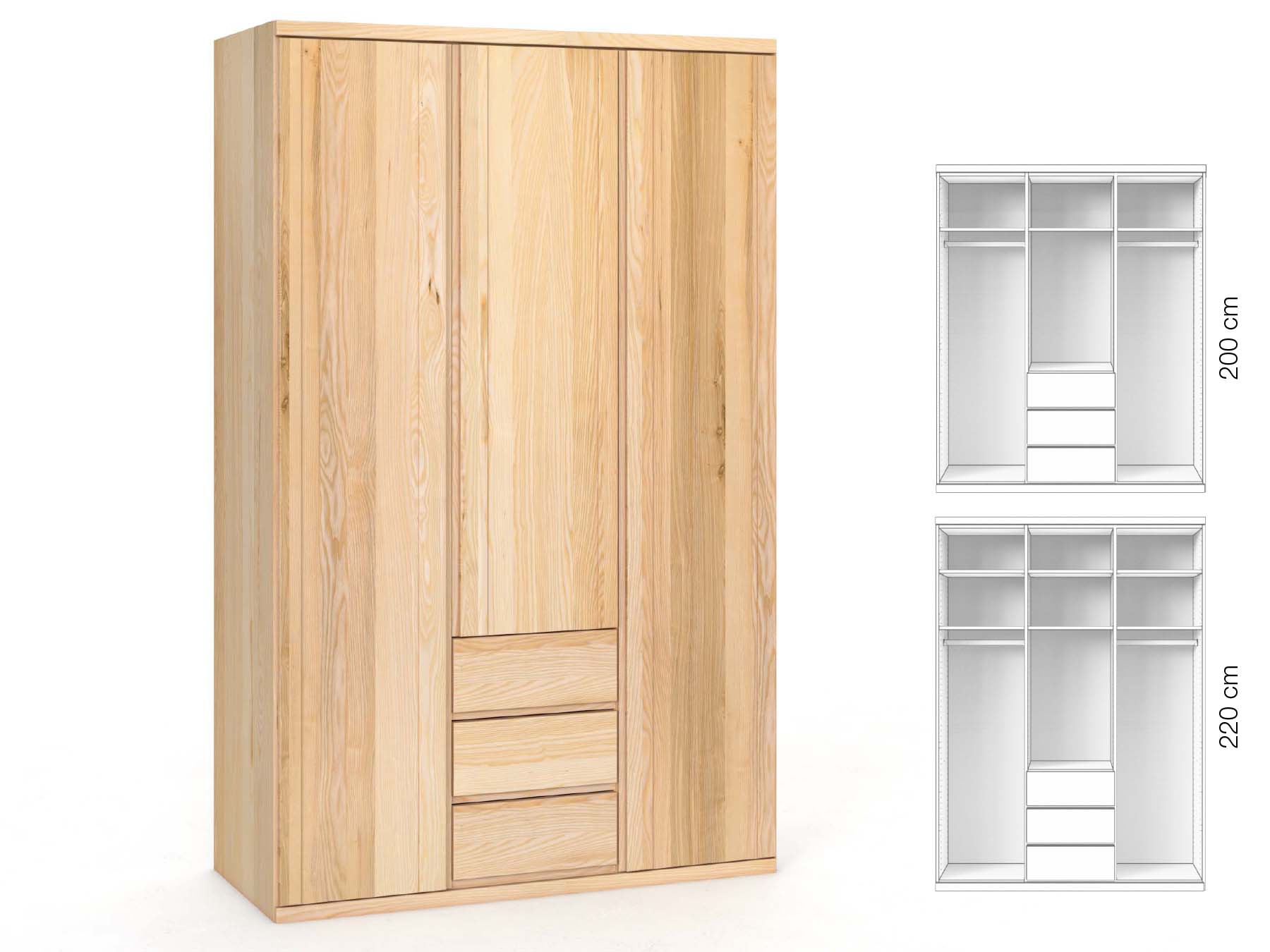 Eschenschrank „Egon“, 3-türig, Höhe 220 cm, Griffausführung „Patrizia“, Inneneinrichtung: E