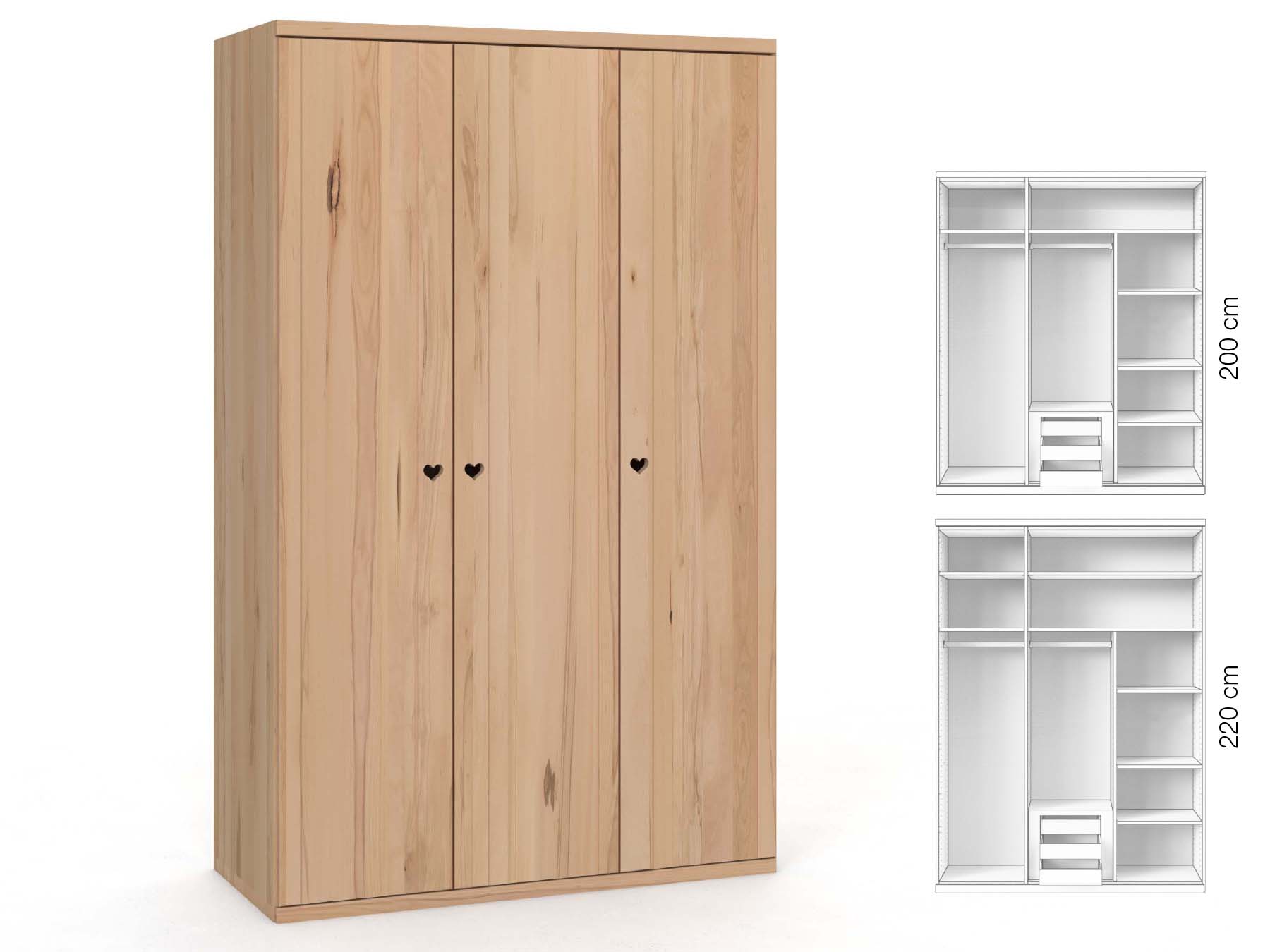 Buchenschrank „Egon“, 3-türig, Höhe 220 cm, Griffausführung „Heidi“, Inneneinrichtung: D