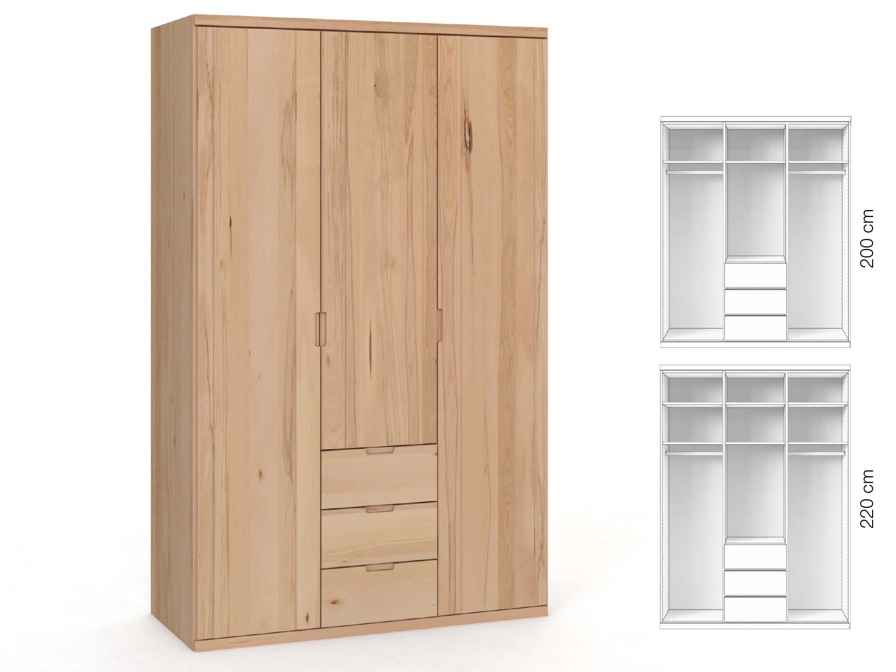 Buchenschrank „Egon“, 3-türig, Höhe 220 cm, Griffausführung „Lukas“, Inneneinrichtung: E