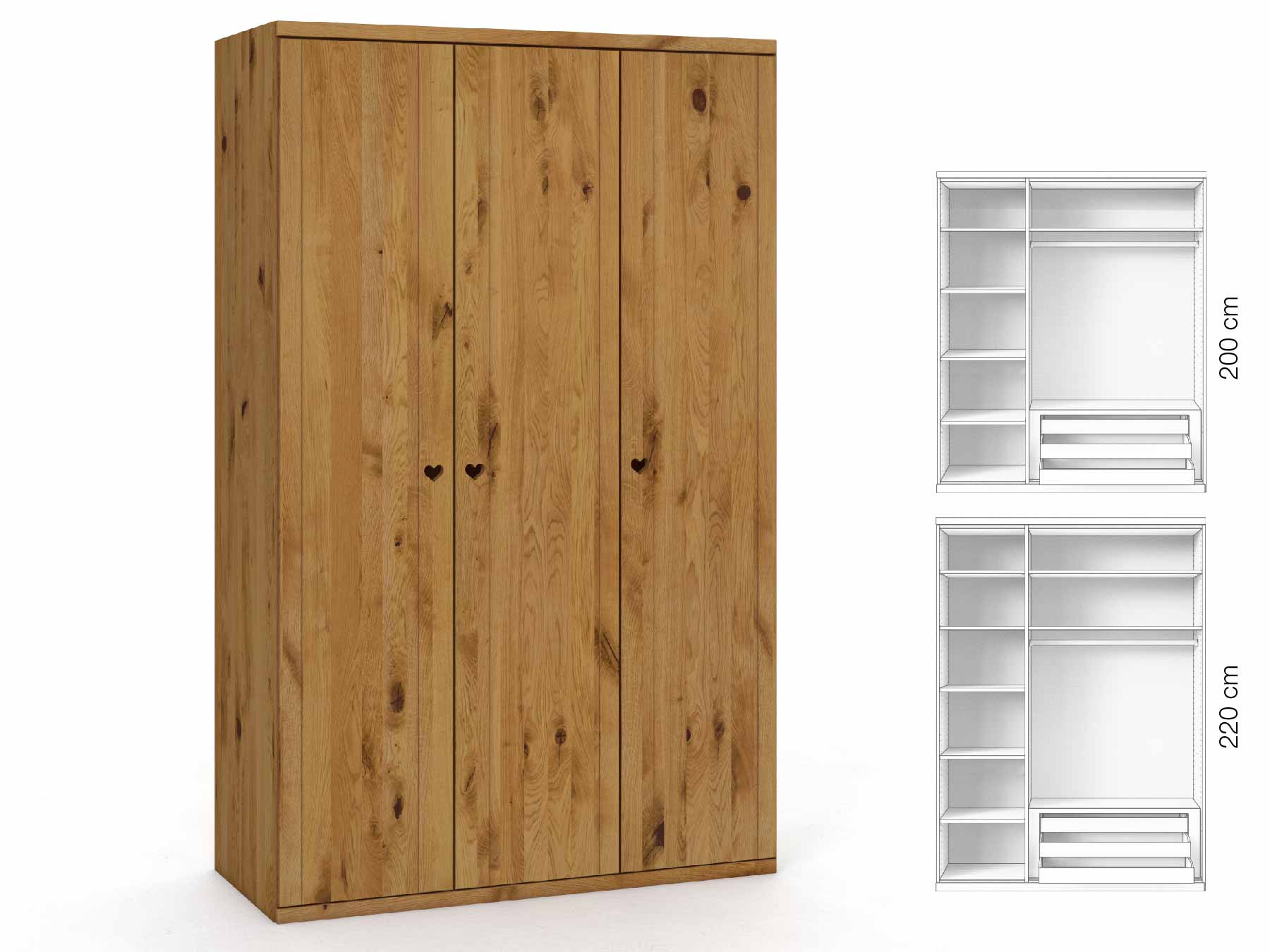 Wildeichenschrank „Egon“, 3-türig, Höhe 220 cm, Griffausführung „Heidi“, Inneneinrichtung: C