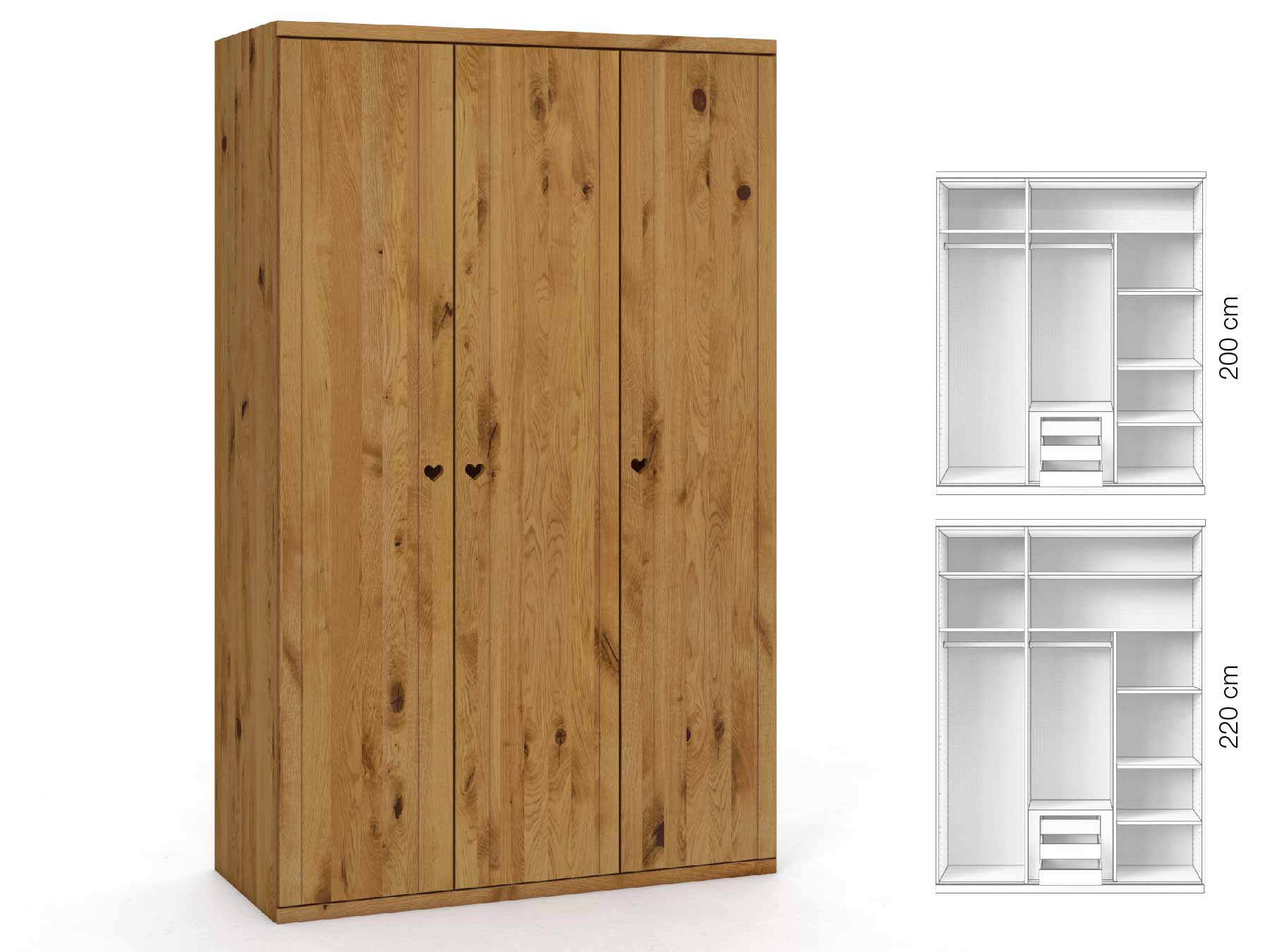 Wildeichenschrank „Egon“, 3-türig, Höhe 220 cm, Griffausführung „Heidi“, Inneneinrichtung: D